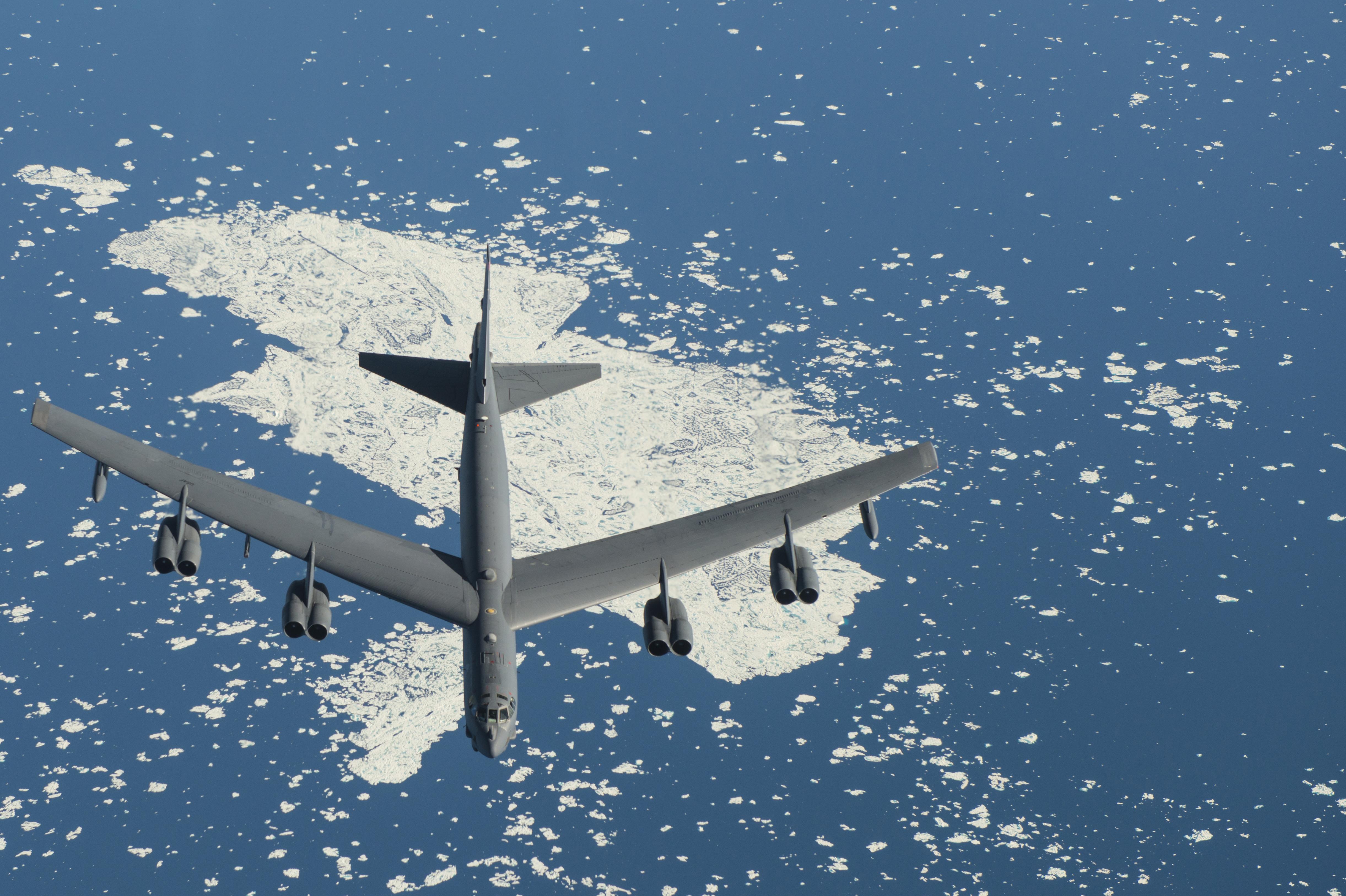 A B-52 Stratofortress flies near the North Pole