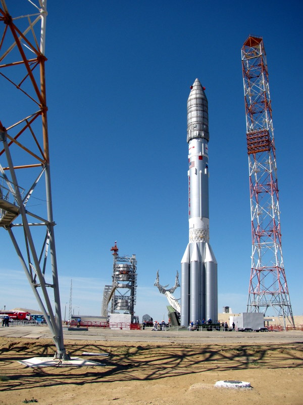 A Proton-M prepared for launch on the pad at Baikonur