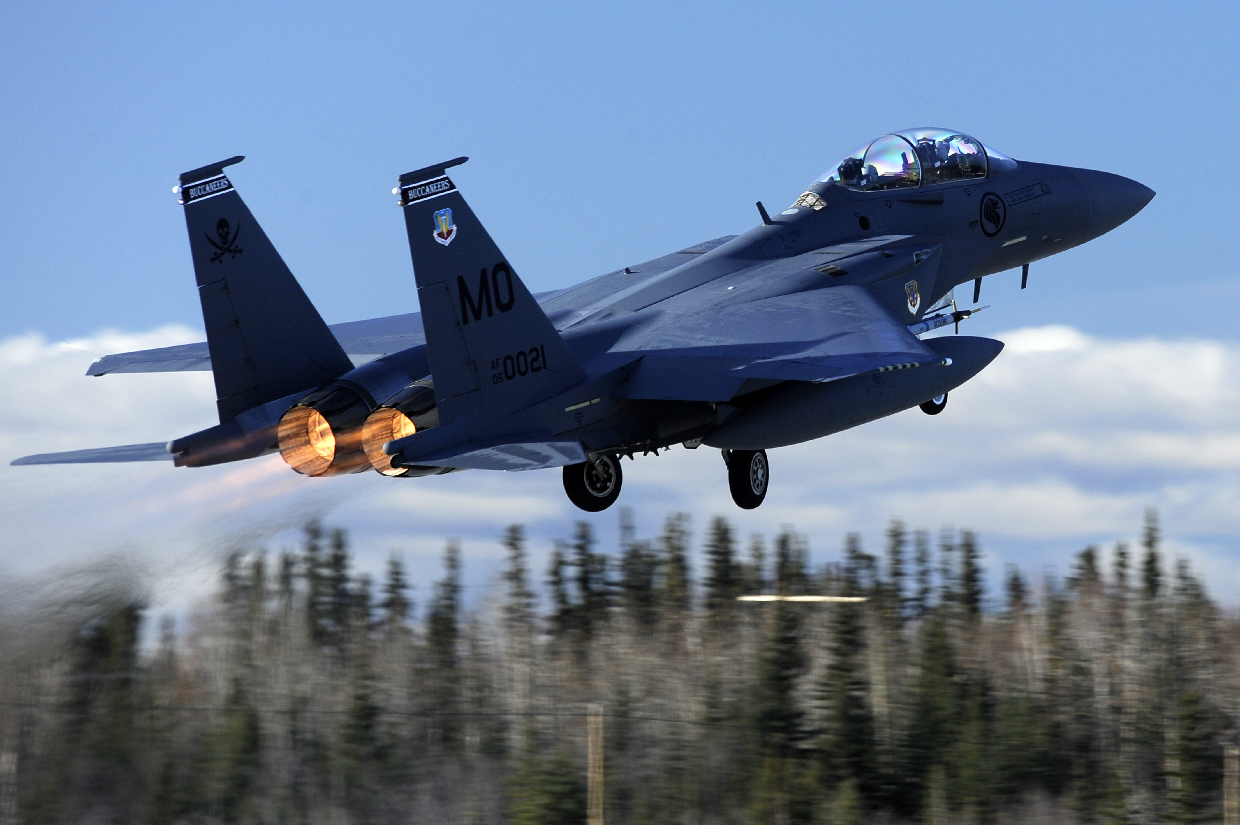 A Singapore air force F-15SG Strike Eagle aircraft takes off during Red Flag Alaska 13-1 at Eielson Air Force Base
