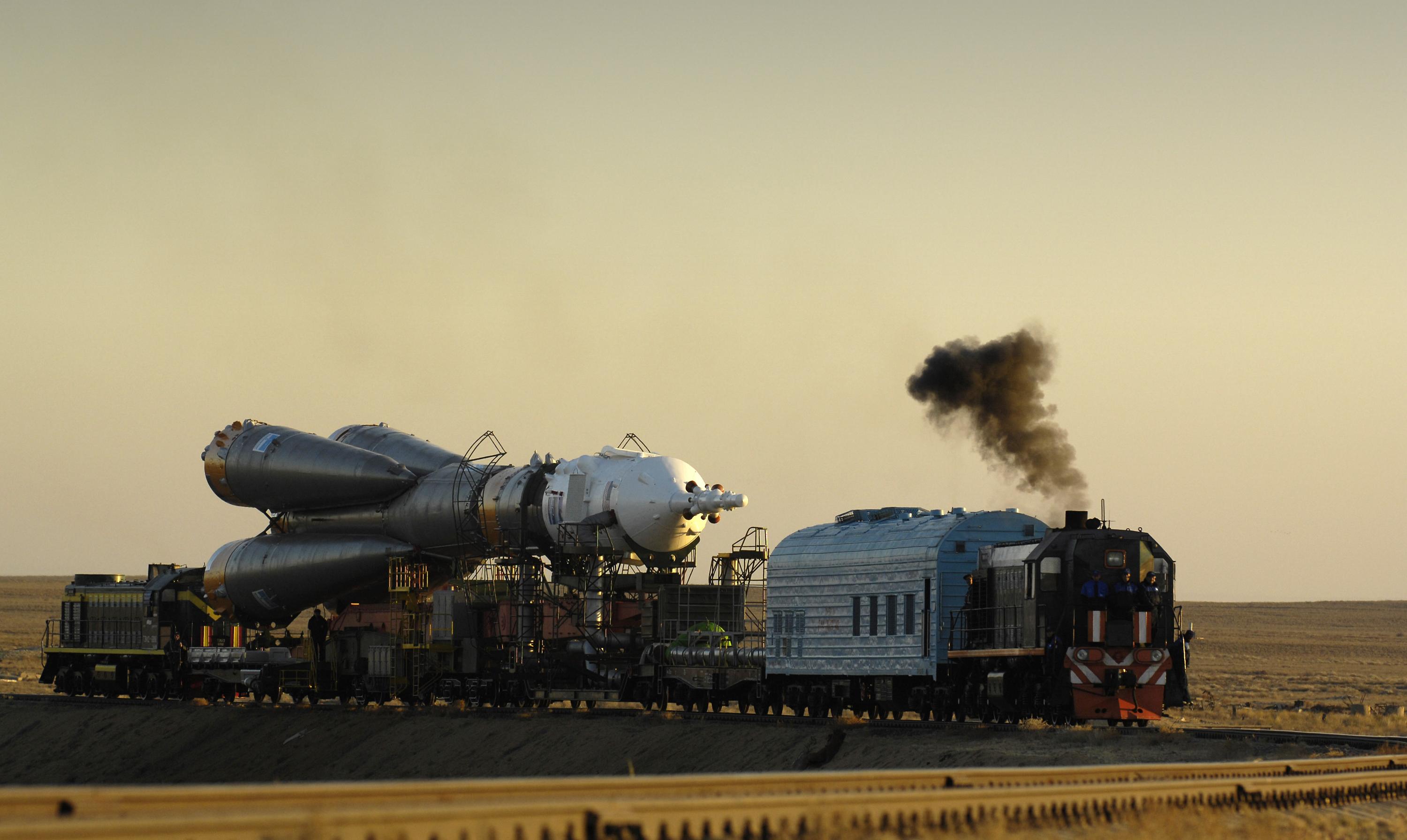A Soyuz launch vehicle on rail to the launch pad