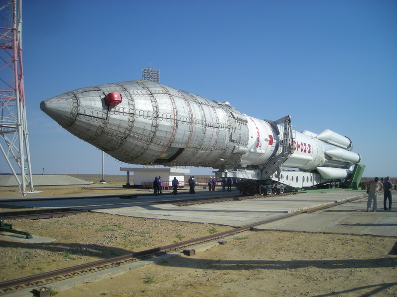 A newly rolled-out Proton-M at the Baikonur launch pad