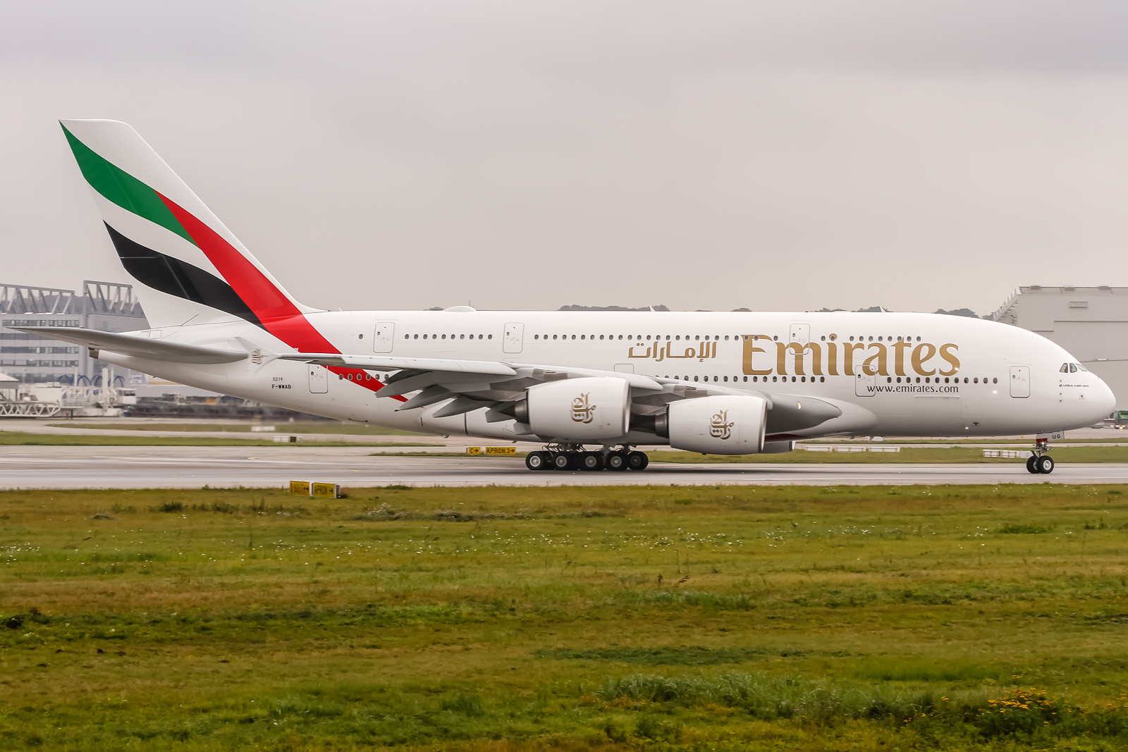 Airbus A380-861 Emirates (F-WWAB - A6-EUG) @ Airbus Factory Hamburg Finkenwerder (EDHI - XFW)