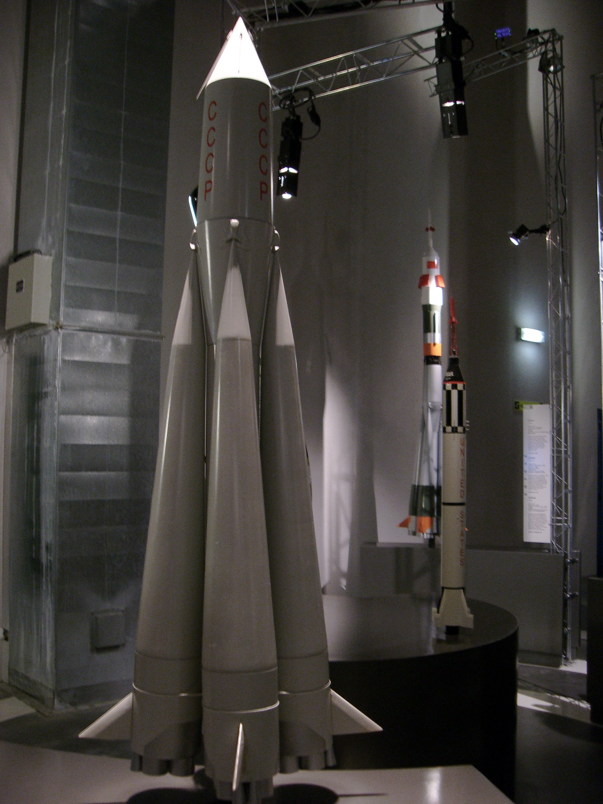 An R-7 derived Soviet launch vehicle displayed at La Coupole