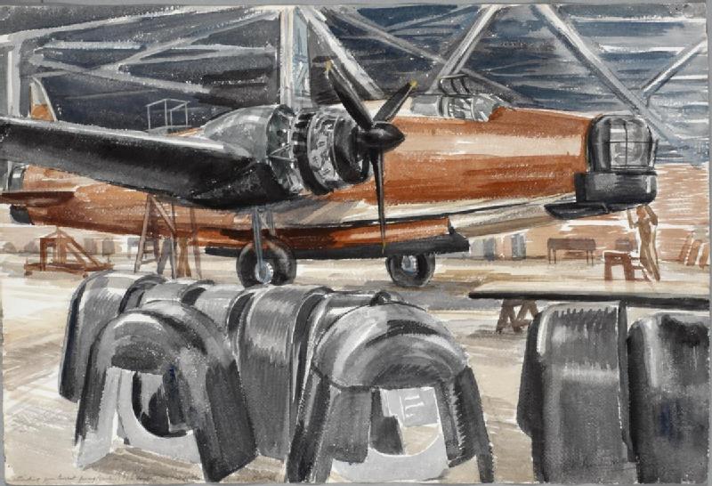 Attaching the Gun Turret Cowlings to a Bomber on the Assembly -line (Art.IWM ART LD 2608) (1942)