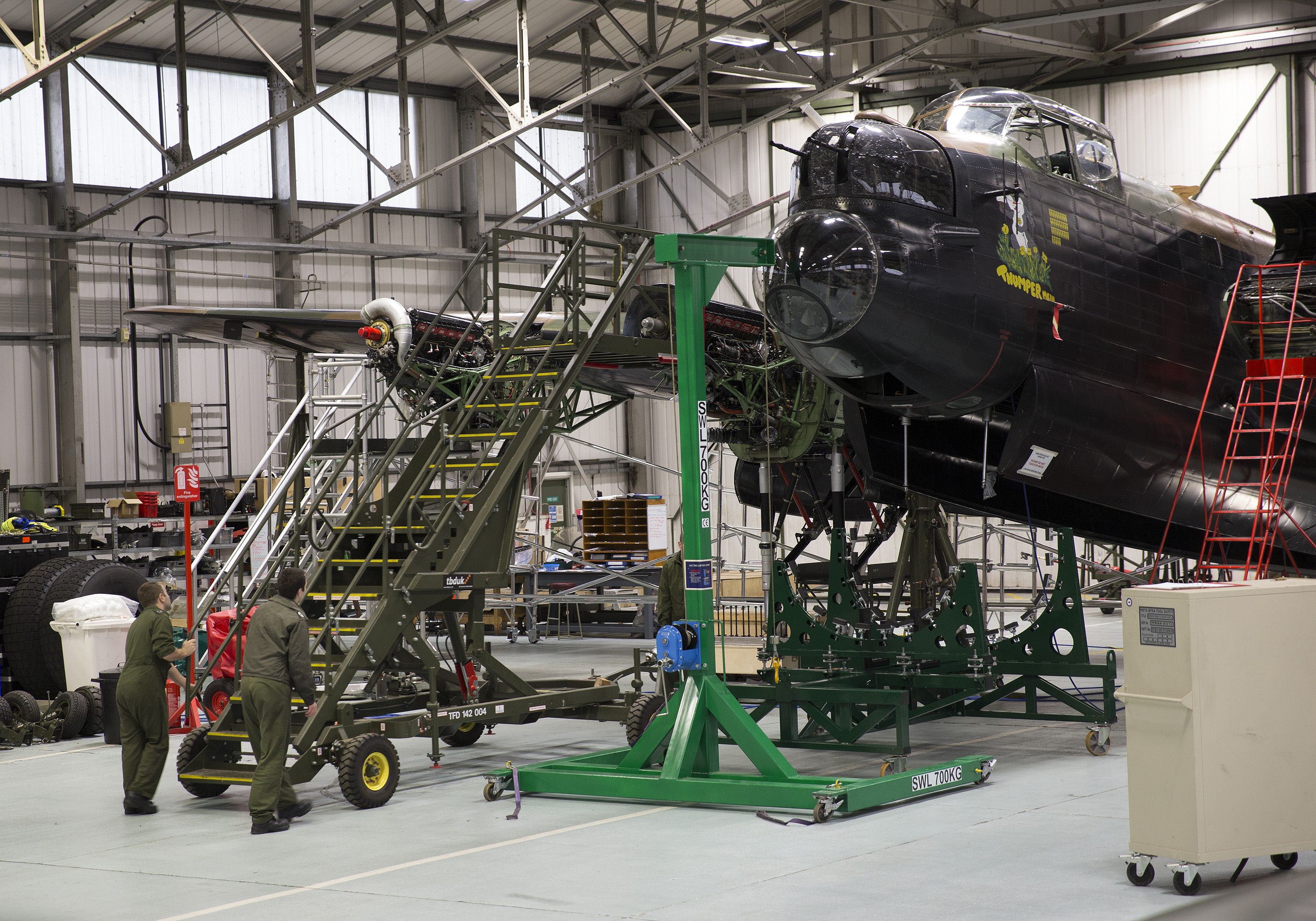 Avro Lancaster Thumper Mk III undergoing maintenance in the BBMF hangar at RAF Coningsby