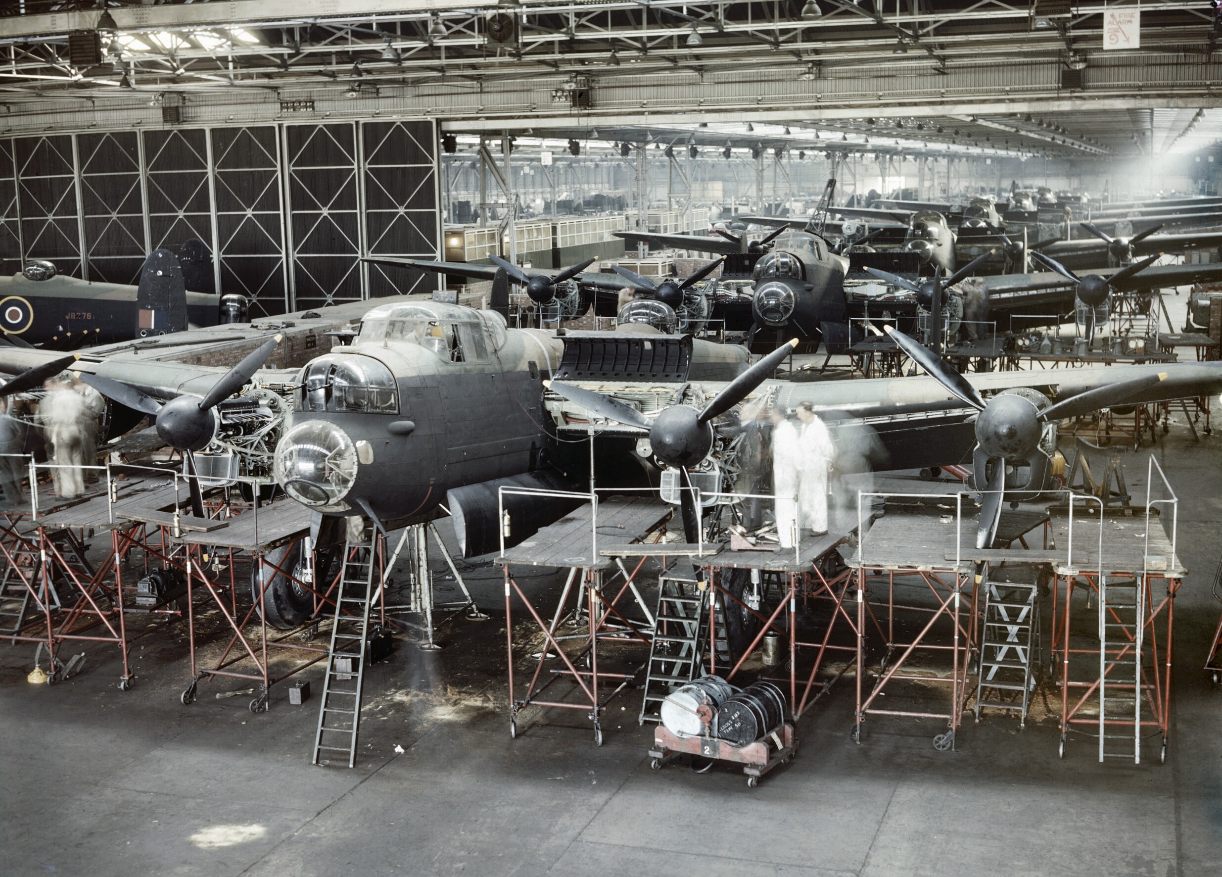 Avro Lancaster bombers nearing completion at the A V Roe & Co Ltd factory at Woodford in Cheshire, 1943. TR1386