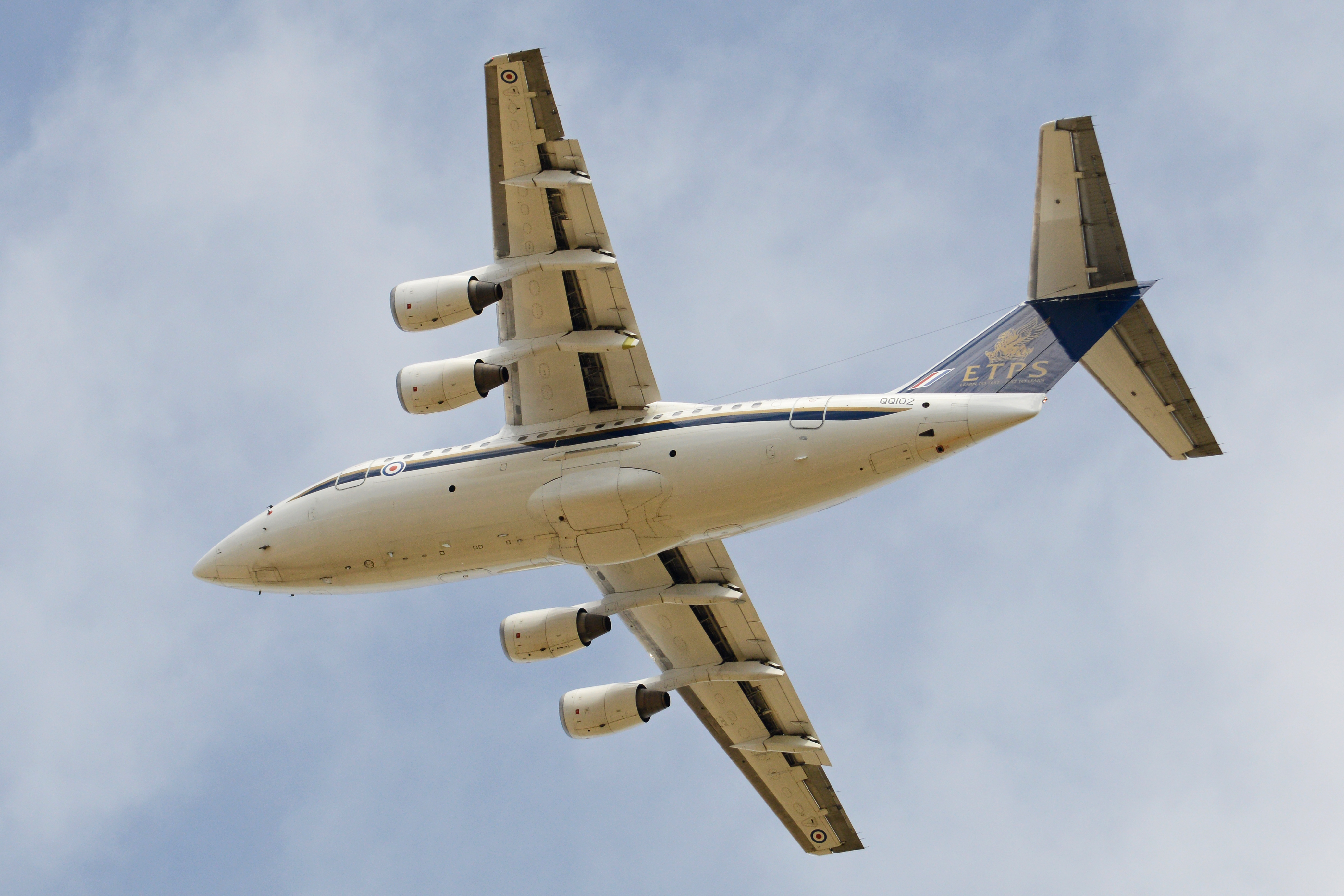 Avro RJ70 "QQ102" of the QinetiQ-operated Empire Test Pilots' School departing RAF Fairford after the 2017 Royal International Air Tattoo