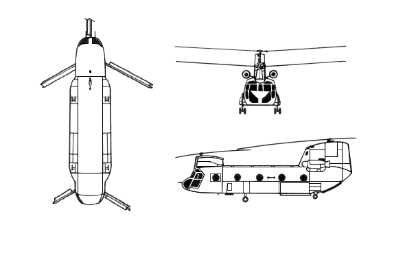 Boeing Vertol CH-47 Chinook 3 view line drawing