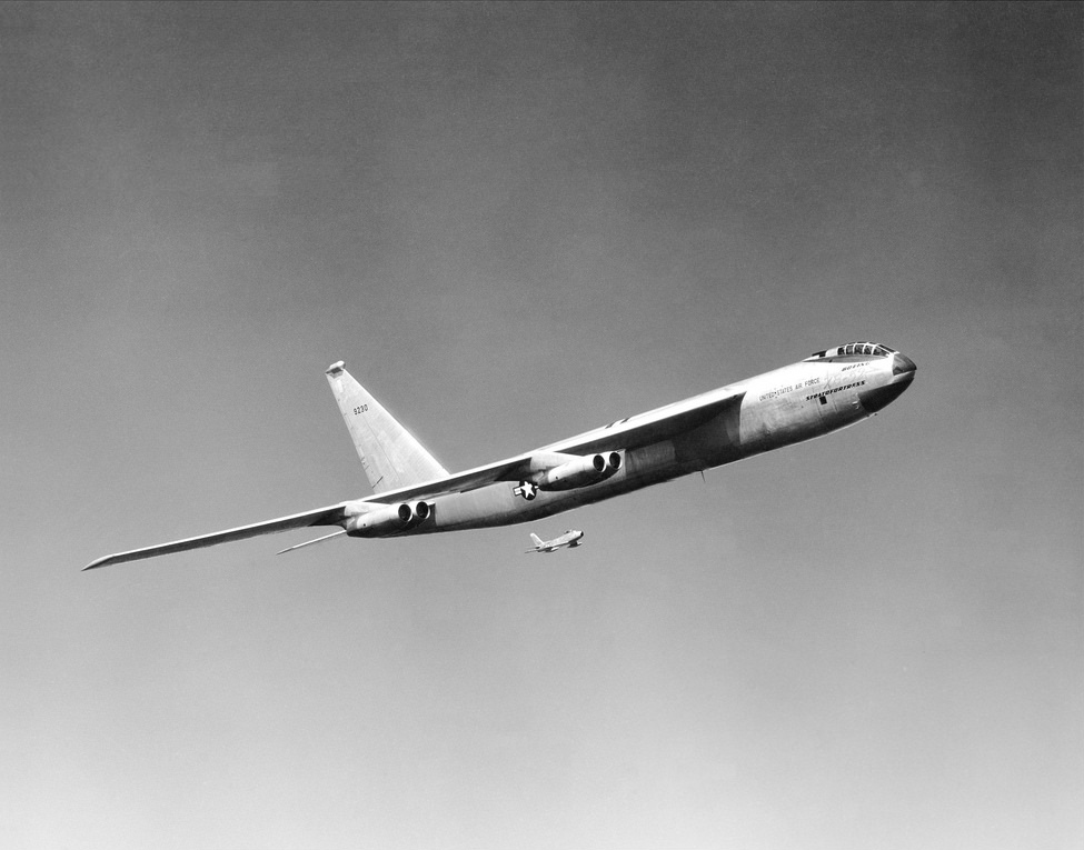 Boeing XB-52 Stratofortress 49-230 with a North American F-86 Sabre chase plane. (U S. Air Force)