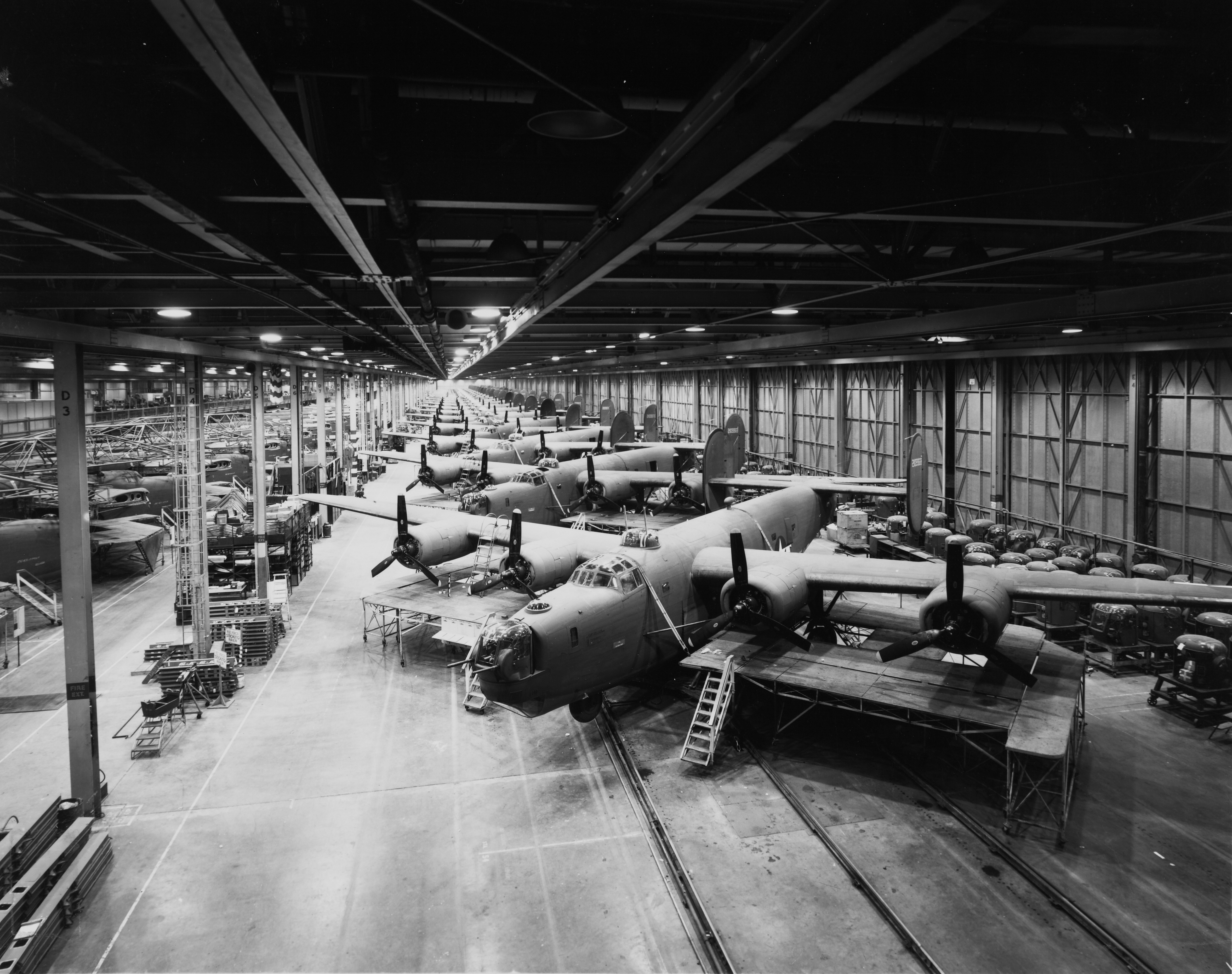 Consolidated B-24J Liberators under construction at the Consolidated-Vultee plant in San Diego, CA, 1944