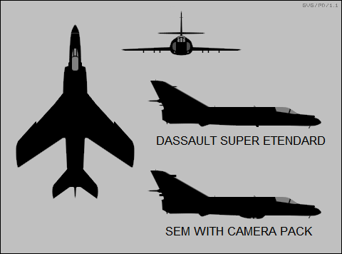 Silhueta em três vistas do Dassault Super Etendard