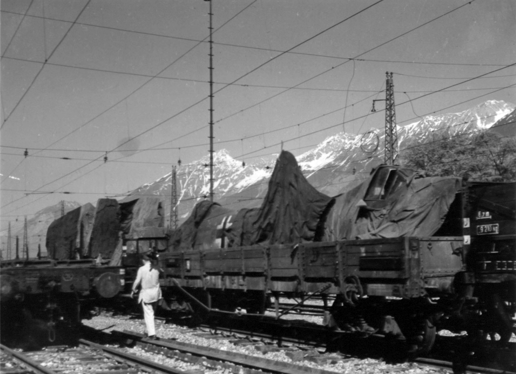 Disassembled German Focke Wulf Fw 190 on a train in Hall, Austria, circa in June 1945 (342 FH-3A04895 A58463AC)