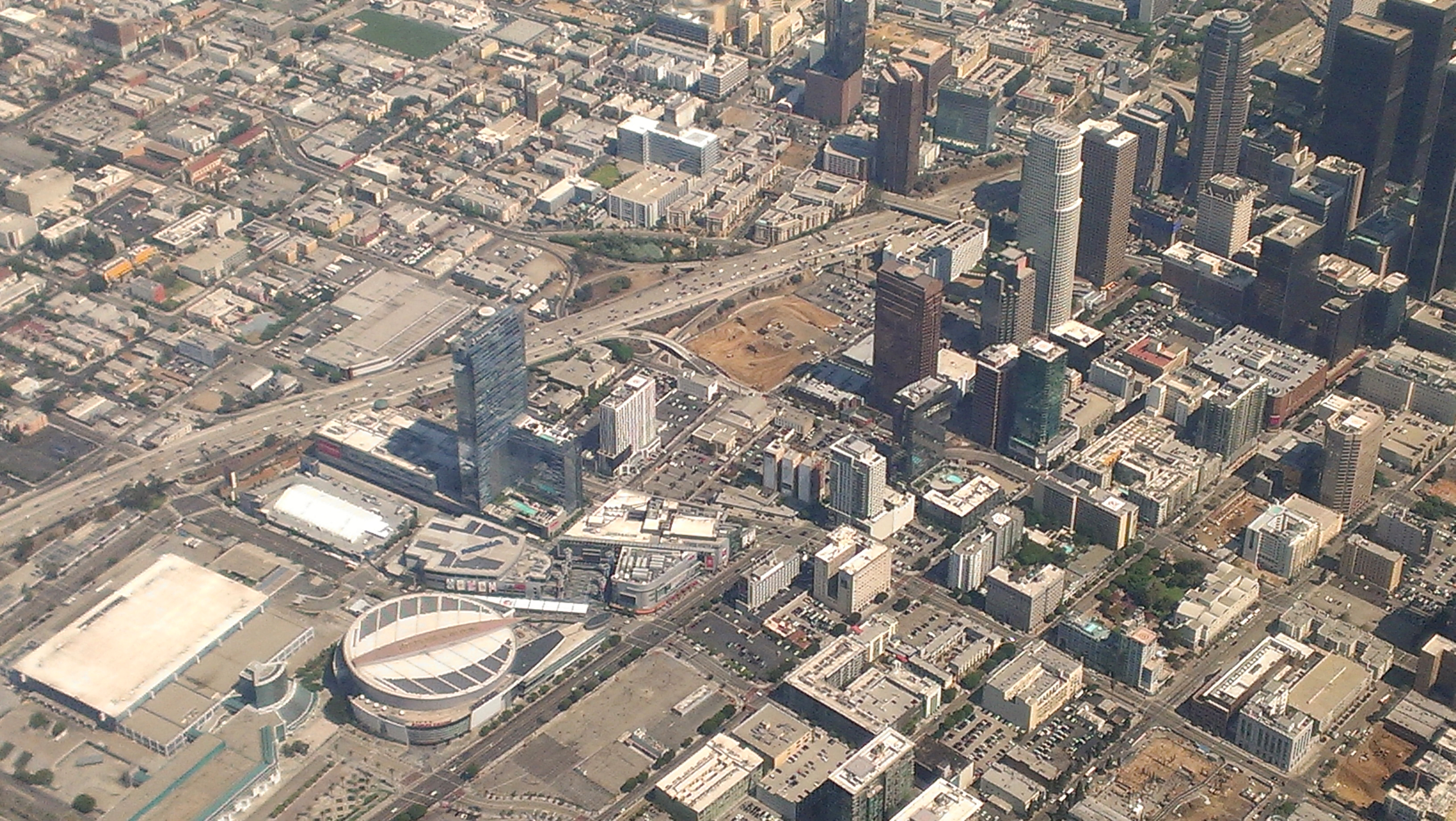 Downtown Los Angeles LA Live Aerial view from south August 2014