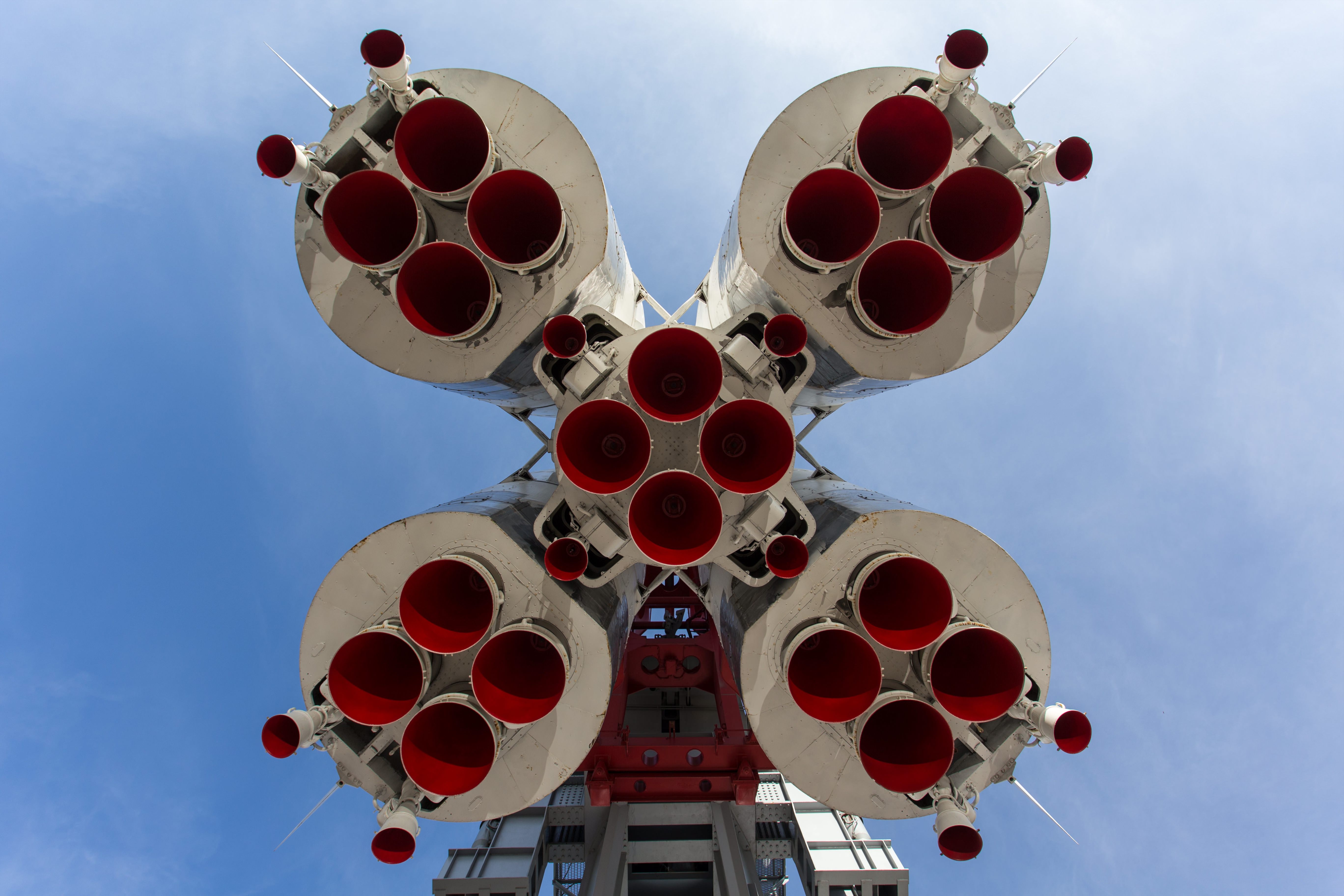 Engine arrangement at the base of the R-7 rocket displayed at VDNKh