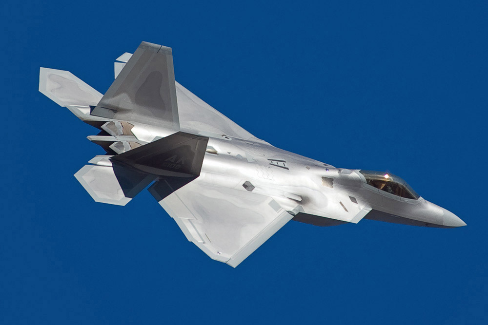 F-22 Raptor in flight, starboard side
