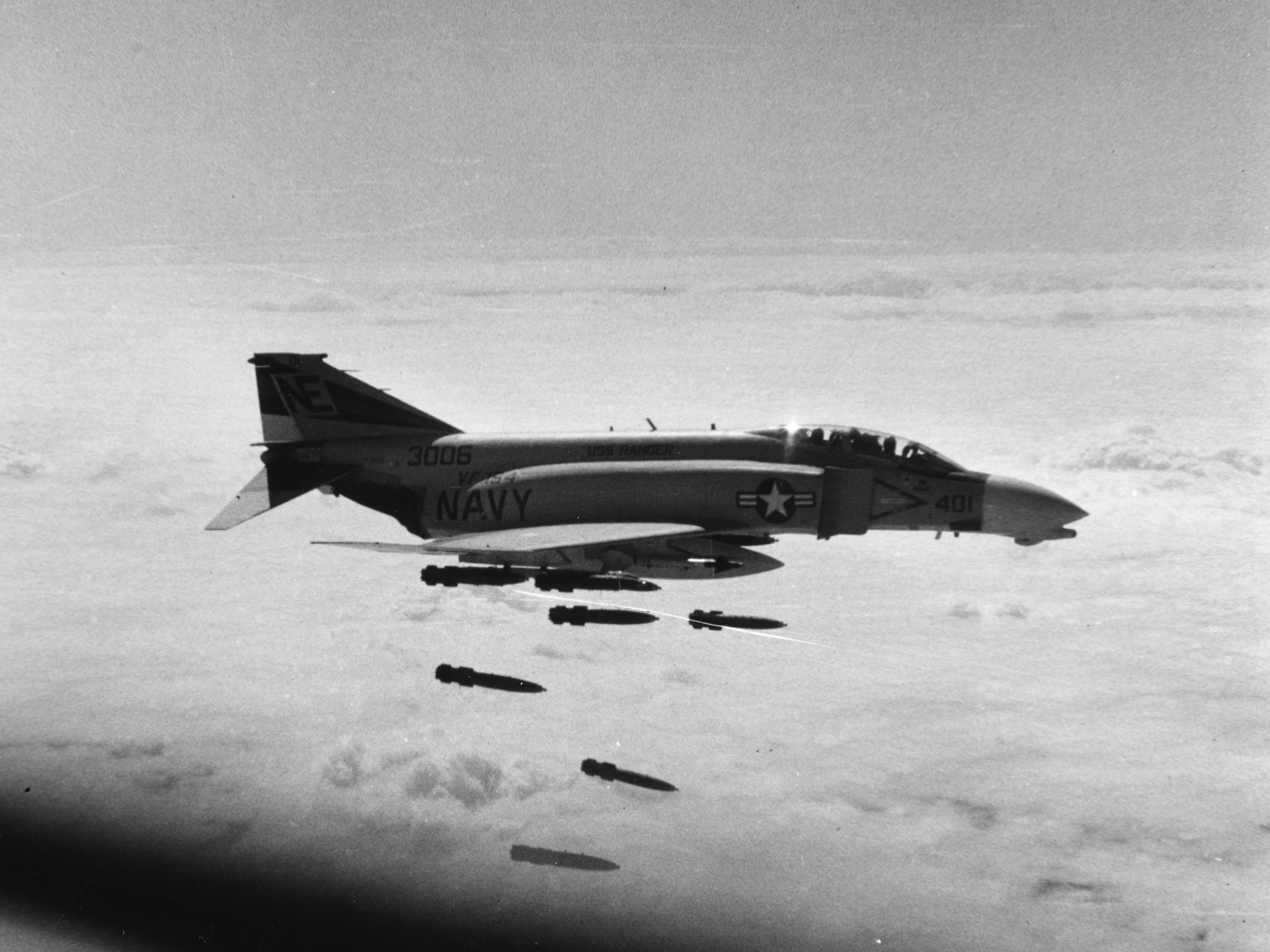 F-4B Phantom II of VF-154 drops bombs over Vietnam in February 1968