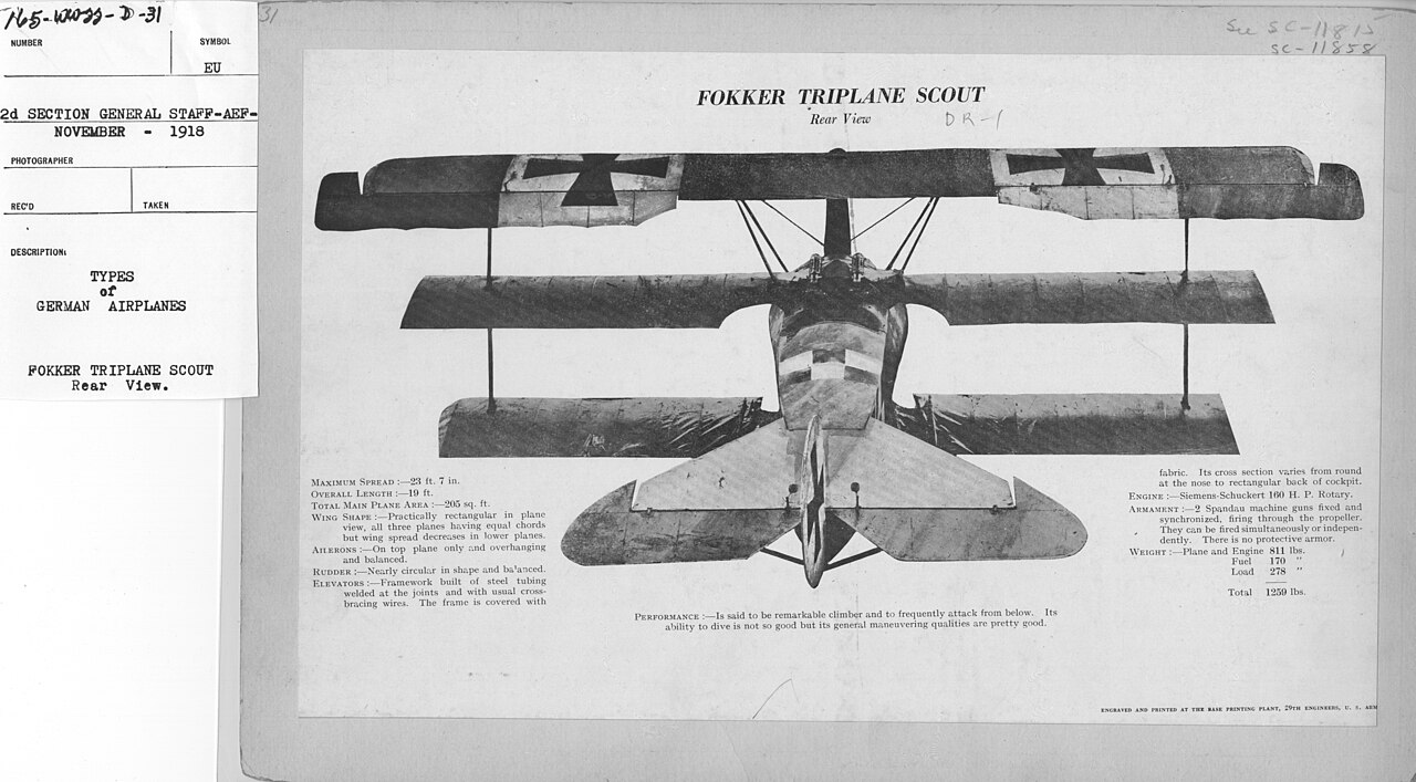 Fokker Dr I: vista traseira em fotografia aliada de novembro de 1918