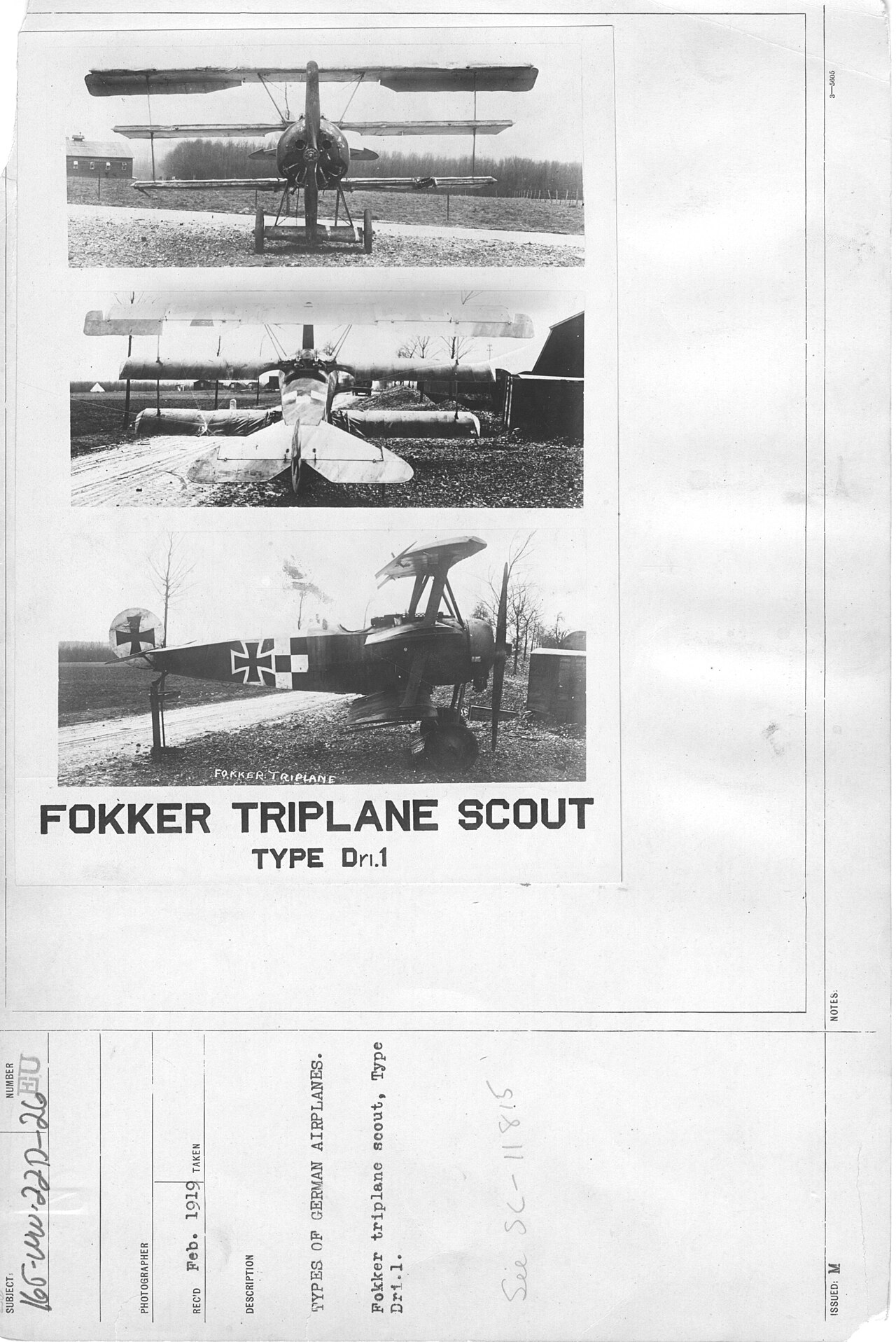 Caccia Fokker Dr I in una scheda di riconoscimento alleata, 1917-1918