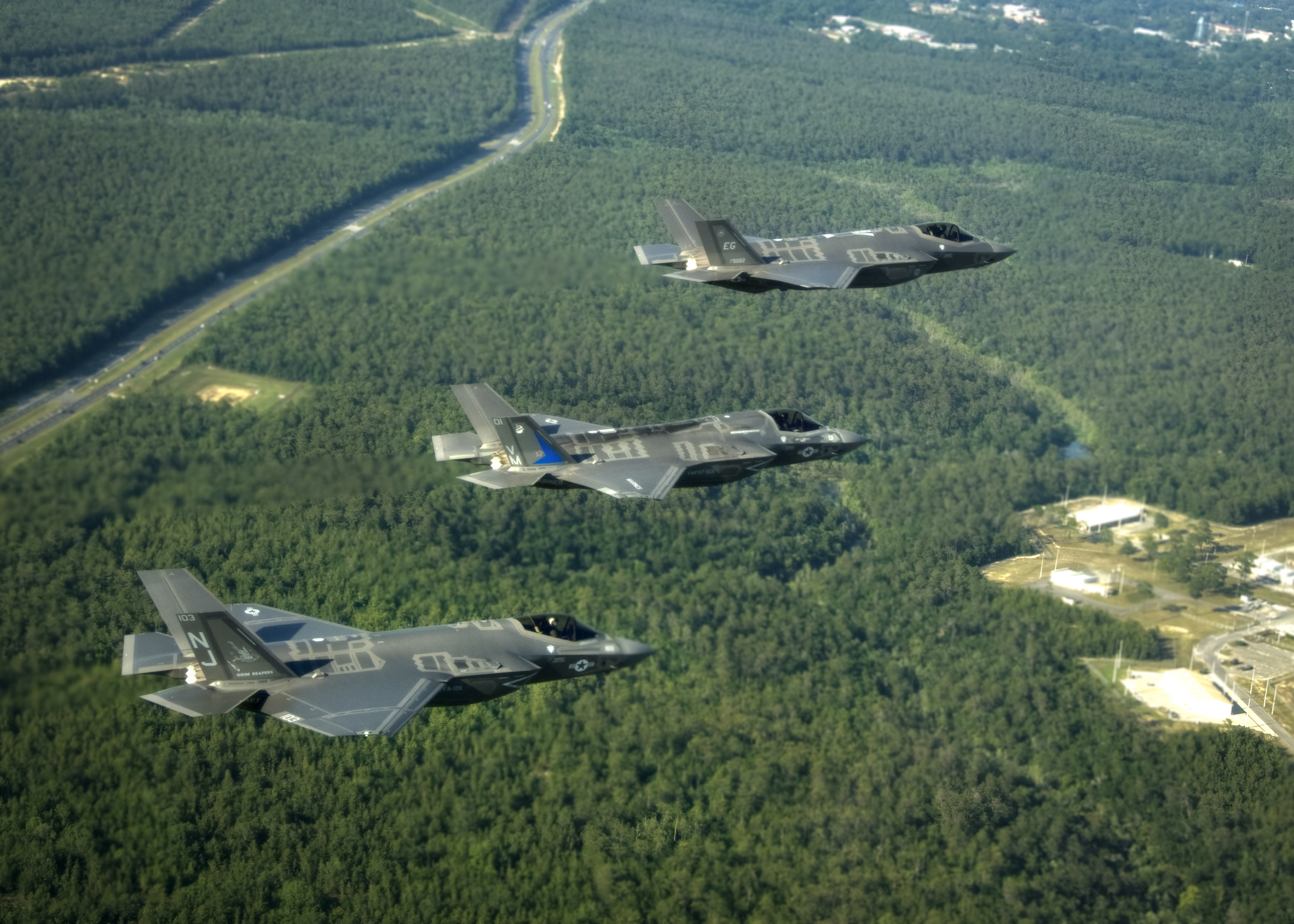 The three F-35 Lightning II variants in flight