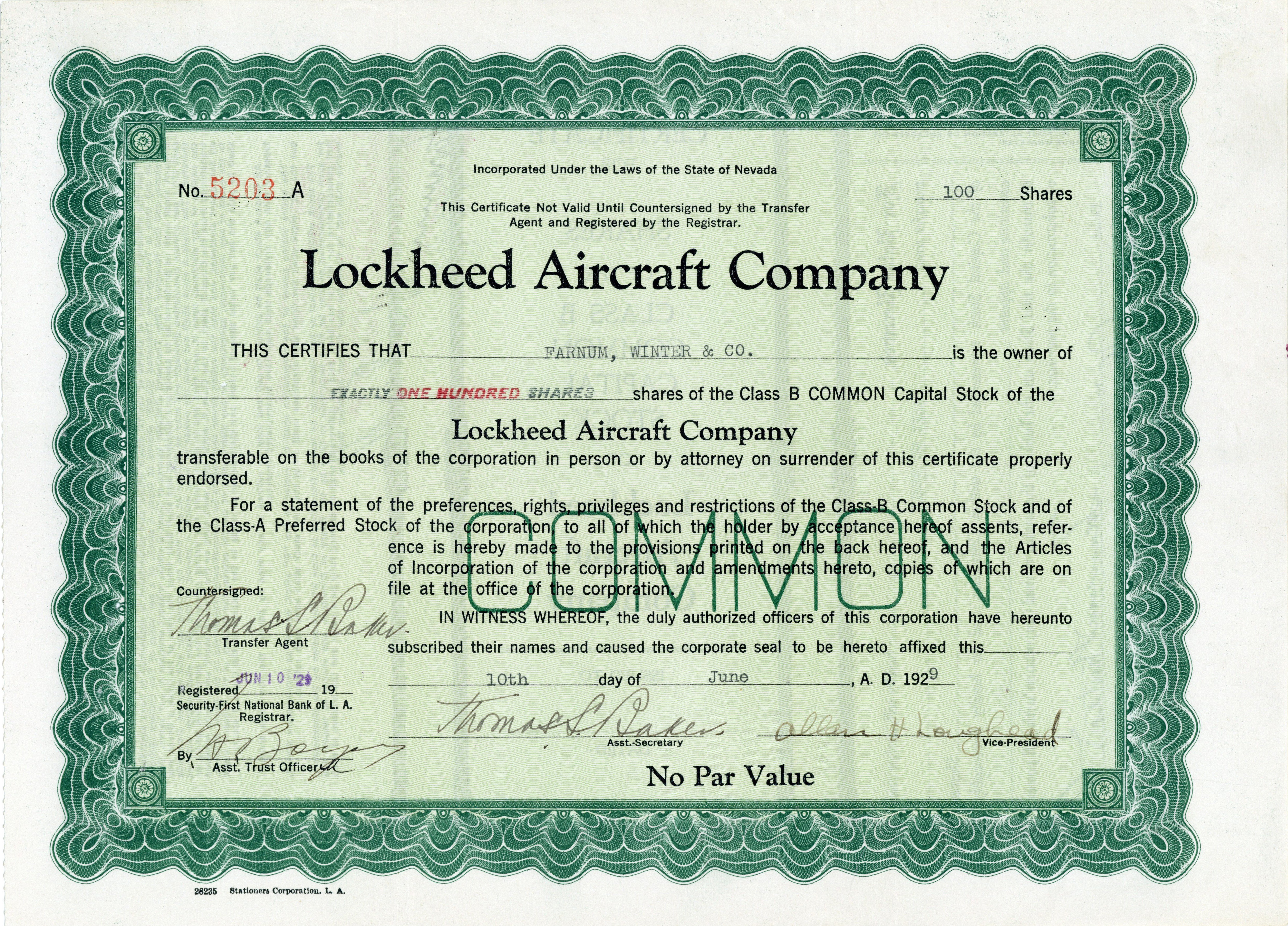 Lockheed Aircraft Stock Certificate 1929