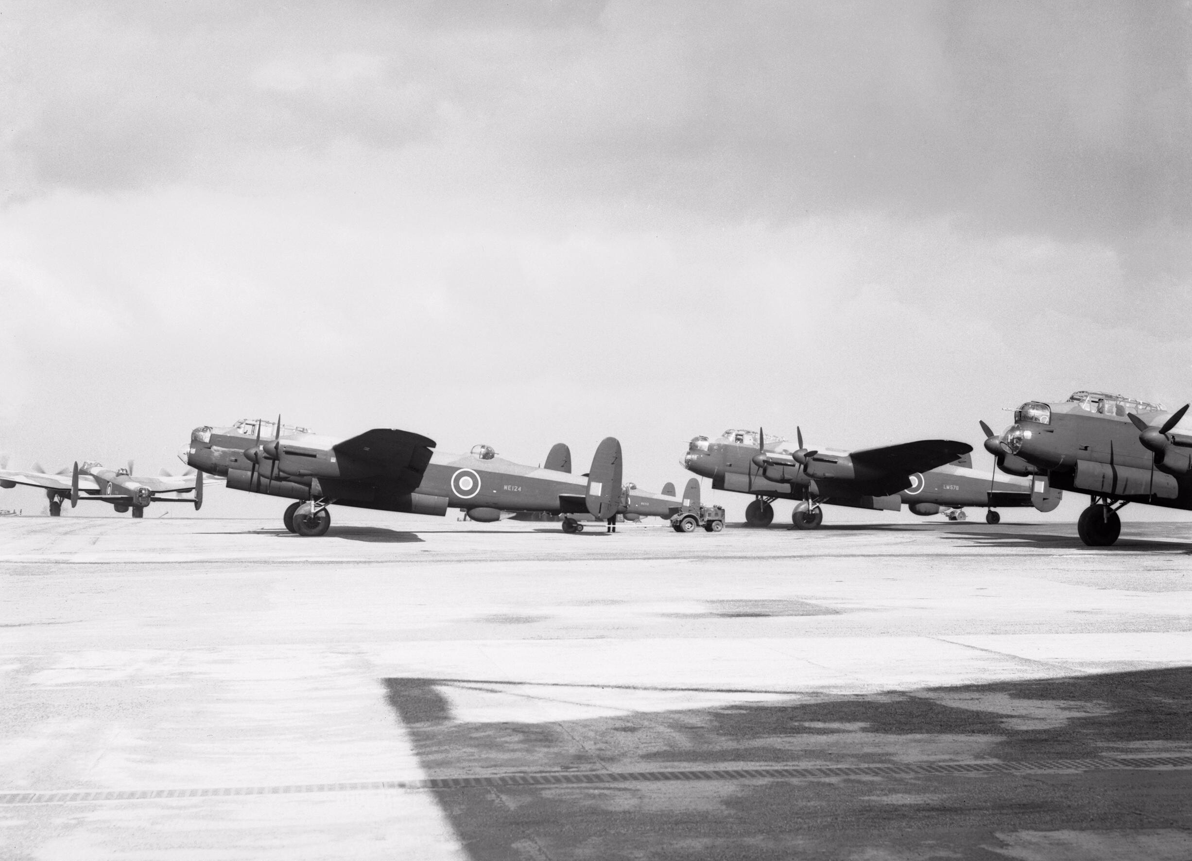 Newly-completed Avro Lancaster B Mark IIIs on the apron of the A V Roe & Co. factory at Woodford