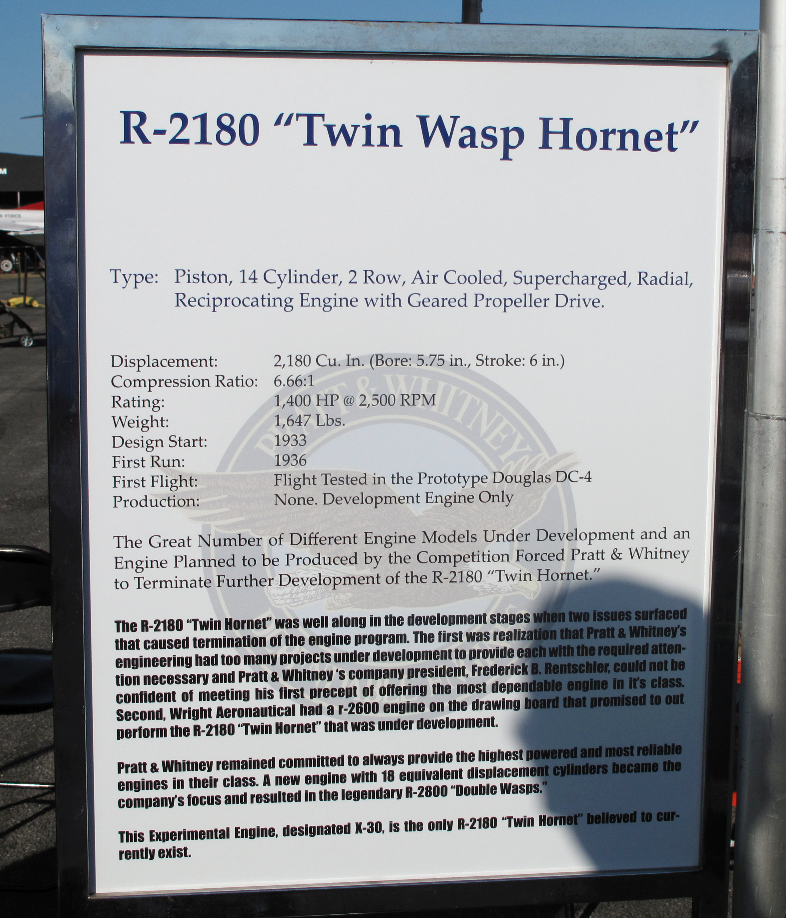 Pratt & Whitney R-2180 information placard, Stuart airshow