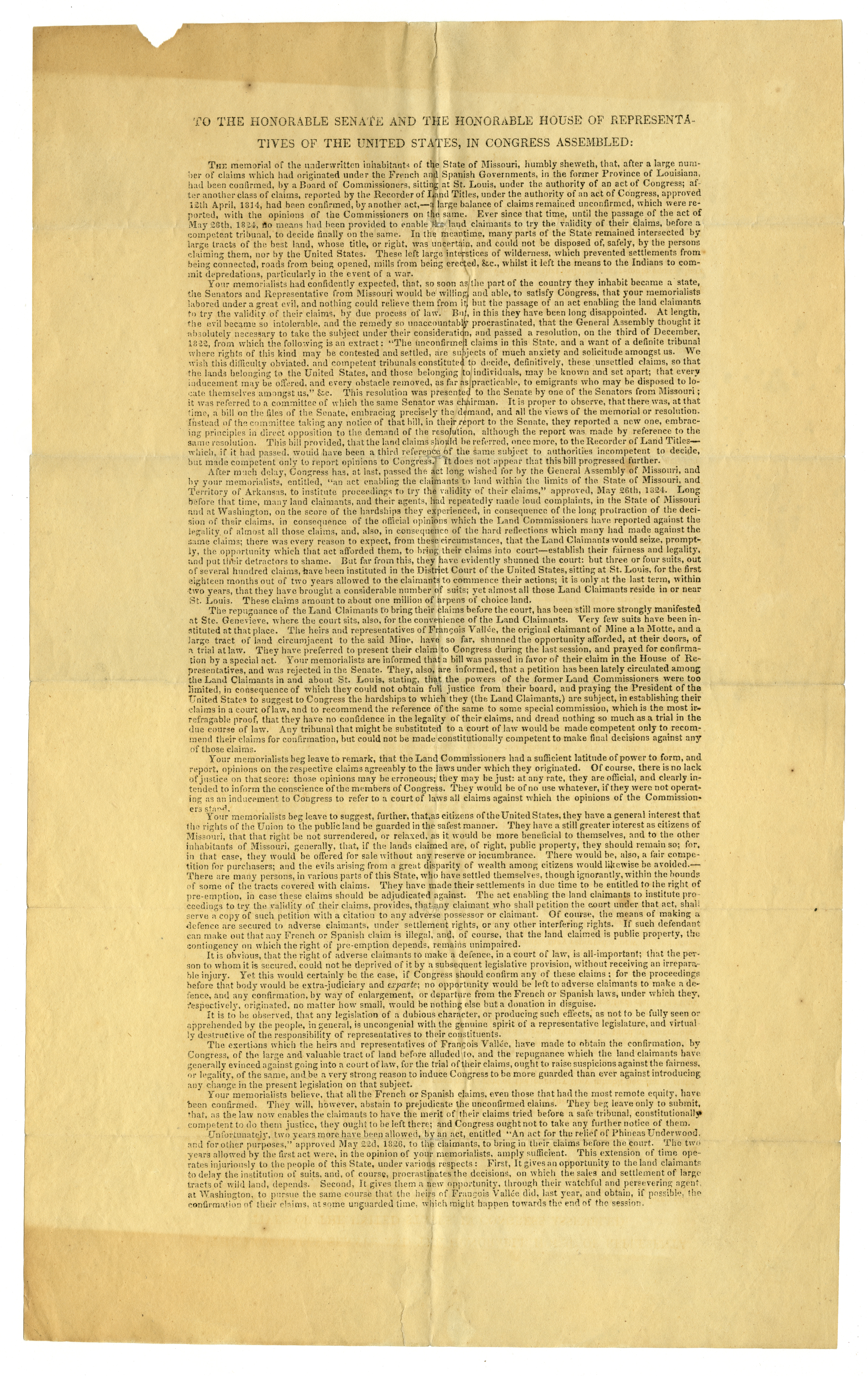 Dichiarazione a stampa sull'approvazione della legge sulle rivendicazioni fondiarie da parte del Congresso, 22 maggio 1826