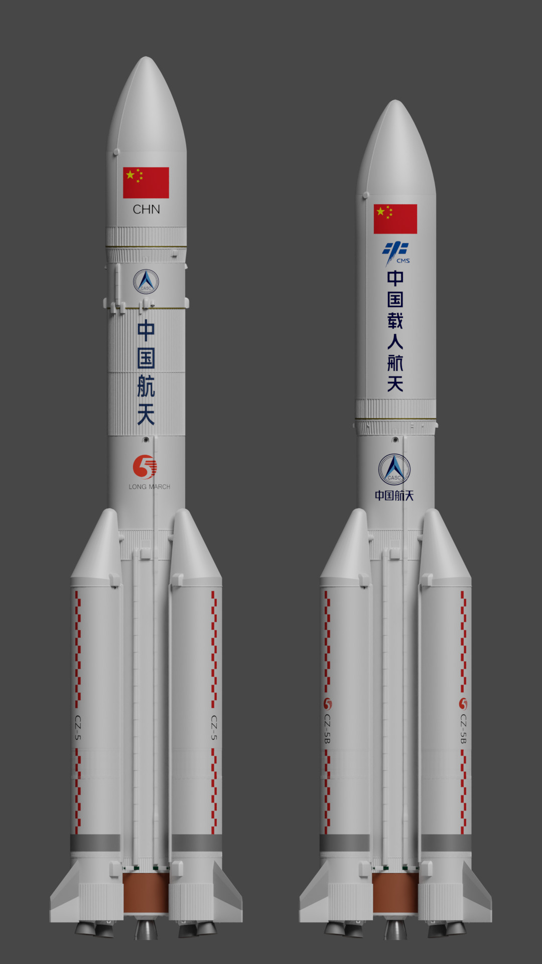 Renderizado comparando el Long March 5 (CZ-5) y el Long March 5B (CZ-5B)