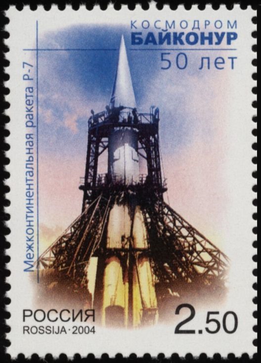 Russian 2004 stamp depicting the R-7 launch vehicle