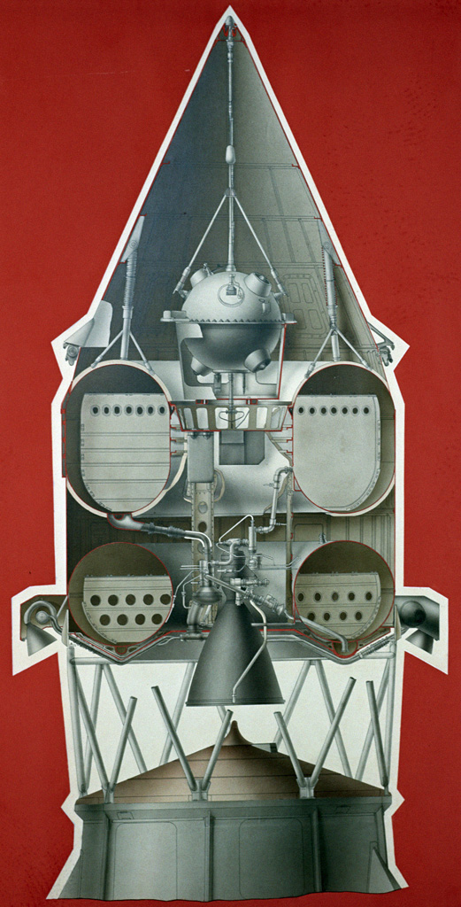 Schema della configurazione della Luna-1 con il suo vettore di stadio superiore (archivio RIA Novosti 73086; diagramma, principalmente la sonda)