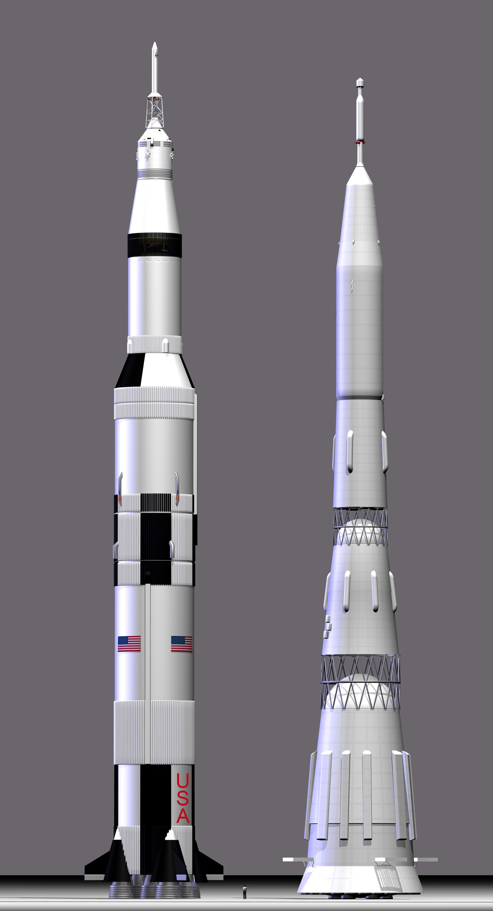 Size comparison of the American and Soviet Moon rockets
