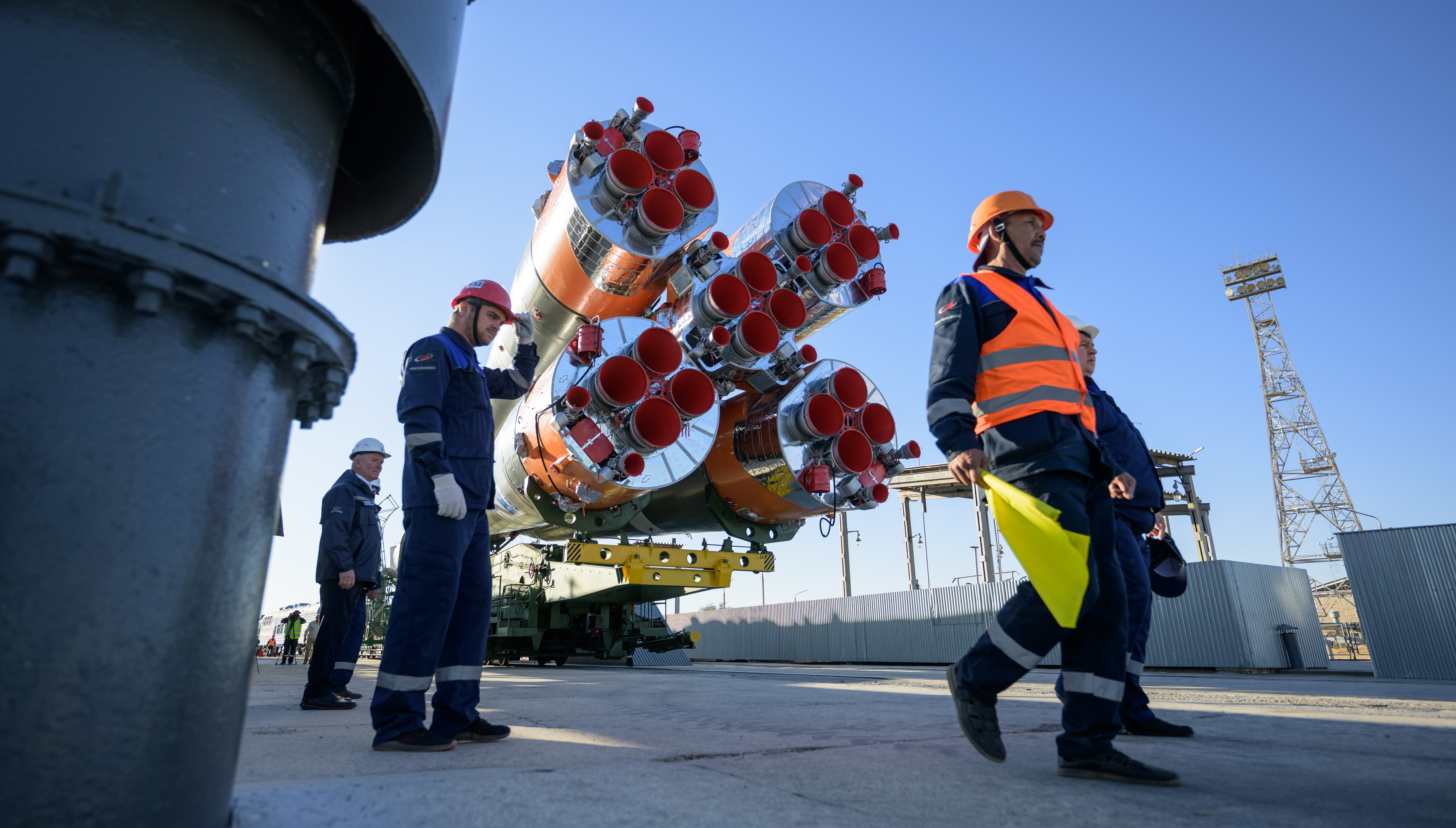 Soyuz-2.1a arriving at the launch pad