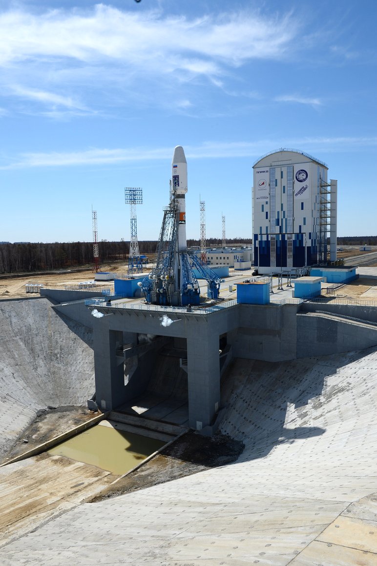 Soyuz-2.1a launch vehicle carrying spacecraft Mikhail Lomonosov at the launch pad at Vostochny Launch Centre 2