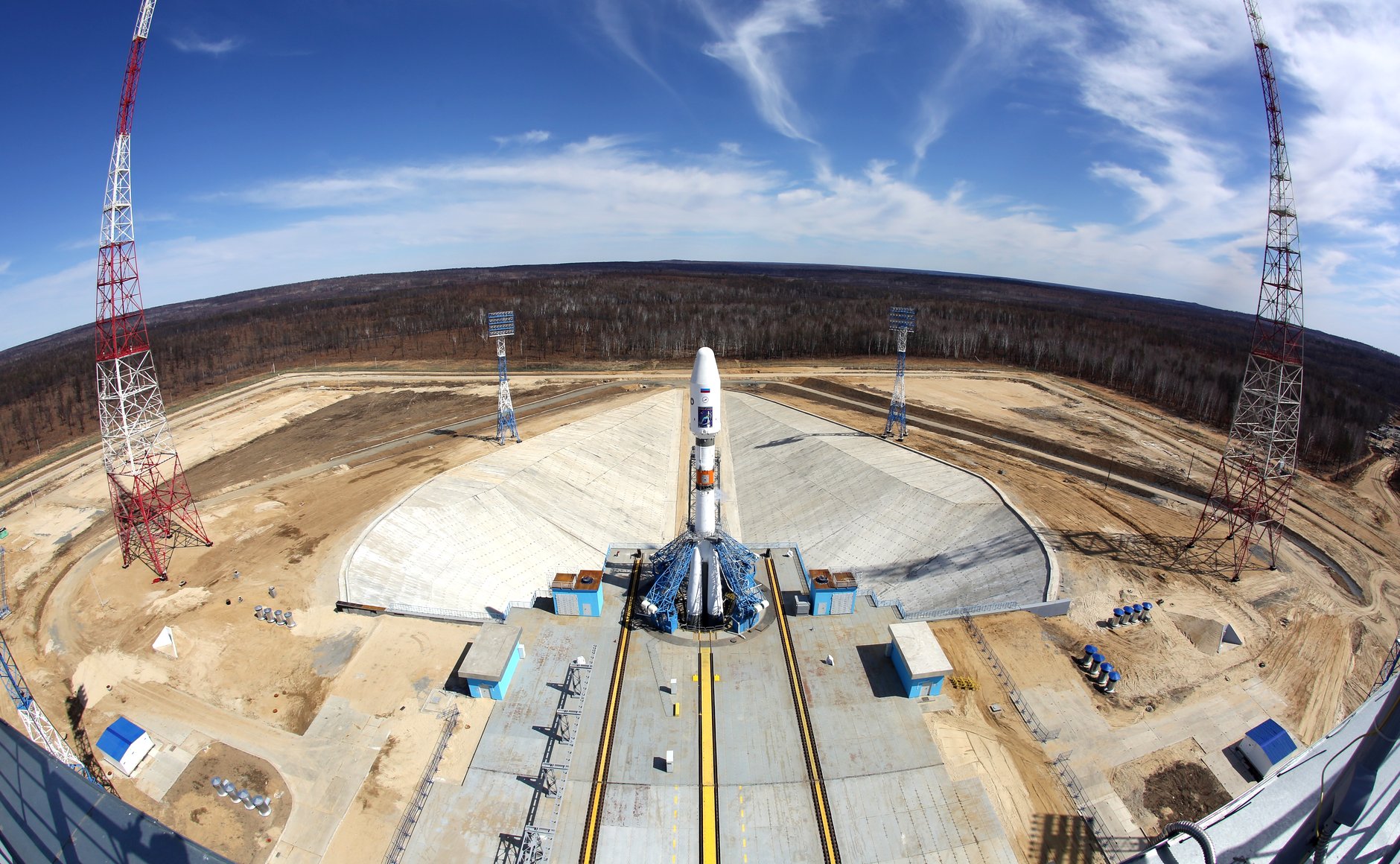 Soyuz-2.1a launch vehicle on the pad at the Vostochny Cosmodrome