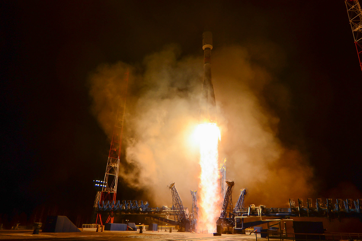 Soyuz-2.1b at Plesetsk with the service structures rolled back