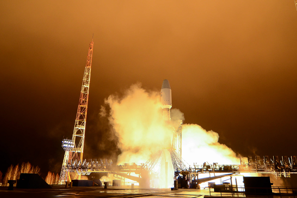 Soyuz-2.1b launch vehicle on the pad at Plesetsk, the vehicle used in the 2.1b Volga stack