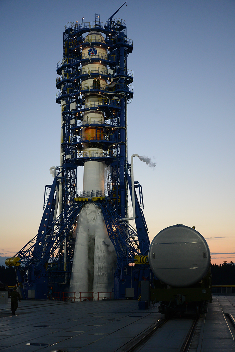 Soyuz-2.1b seen against the sky after launch from Plesetsk