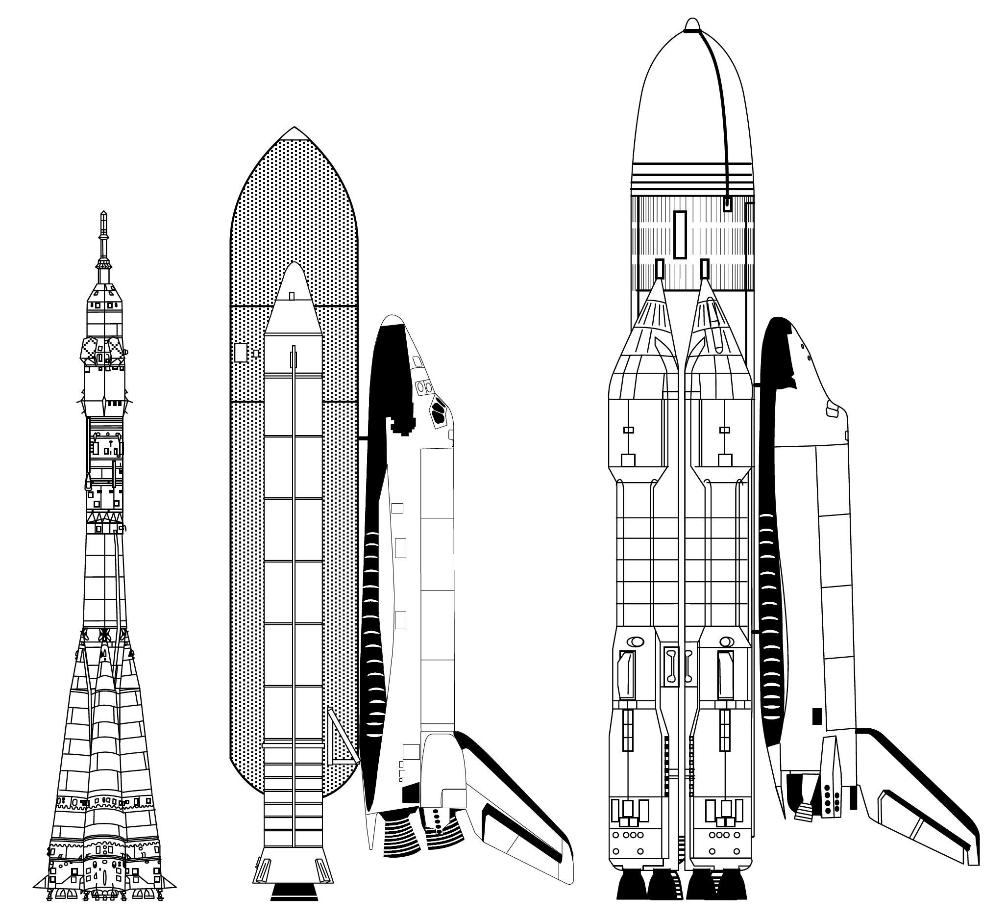 Fusée Soyuz, Space Shuttle et Energia-Buran représentés à l'échelle