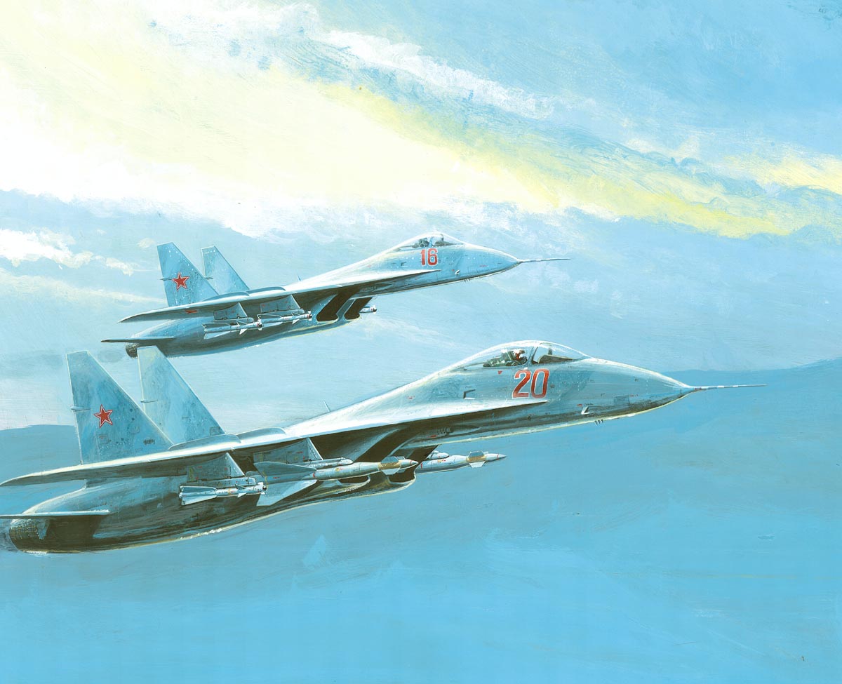 Sukhoi Su-27 — FLANKE Rs en formation par Richard J. Terry, 1986