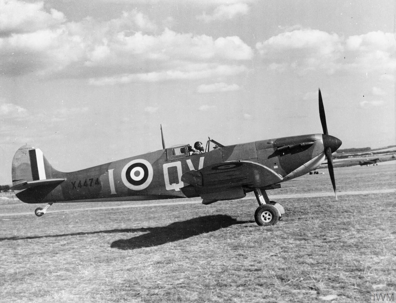 Supermarine Spitfire Mk Ia X4474 of No. 19 Squadron taking off from Fowlmere