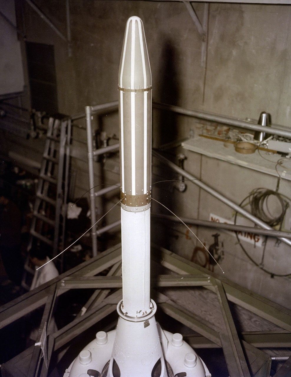 The Explorer 1 satellite mated to the upper stages of its Juno I launch vehicle