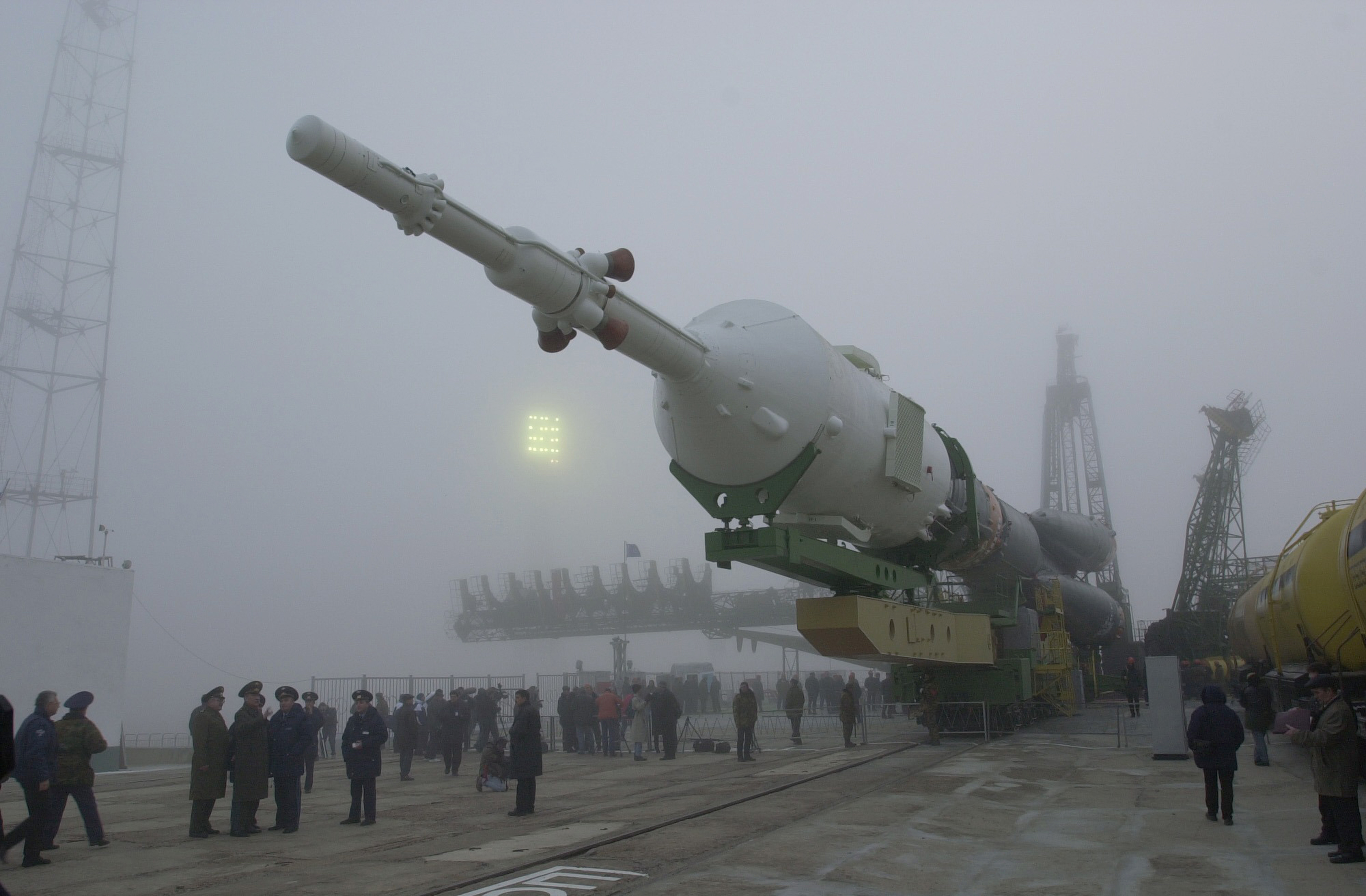 The Soyuz TM-31 launch vehicle transported to the pad