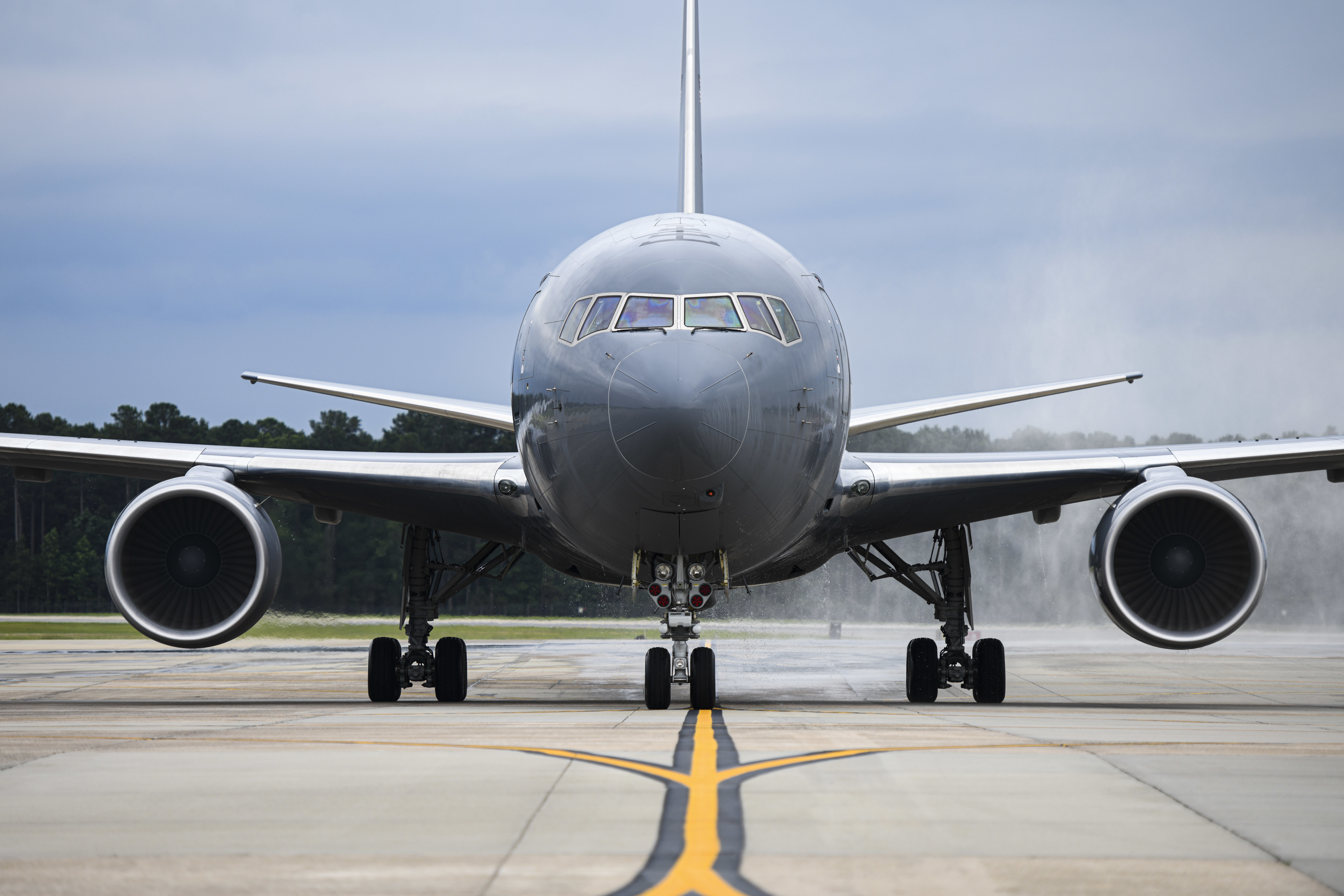 The first KC-46A Pegasus lands at Seymour Johnson Air Force Base, North Carolina, June 12, 2020