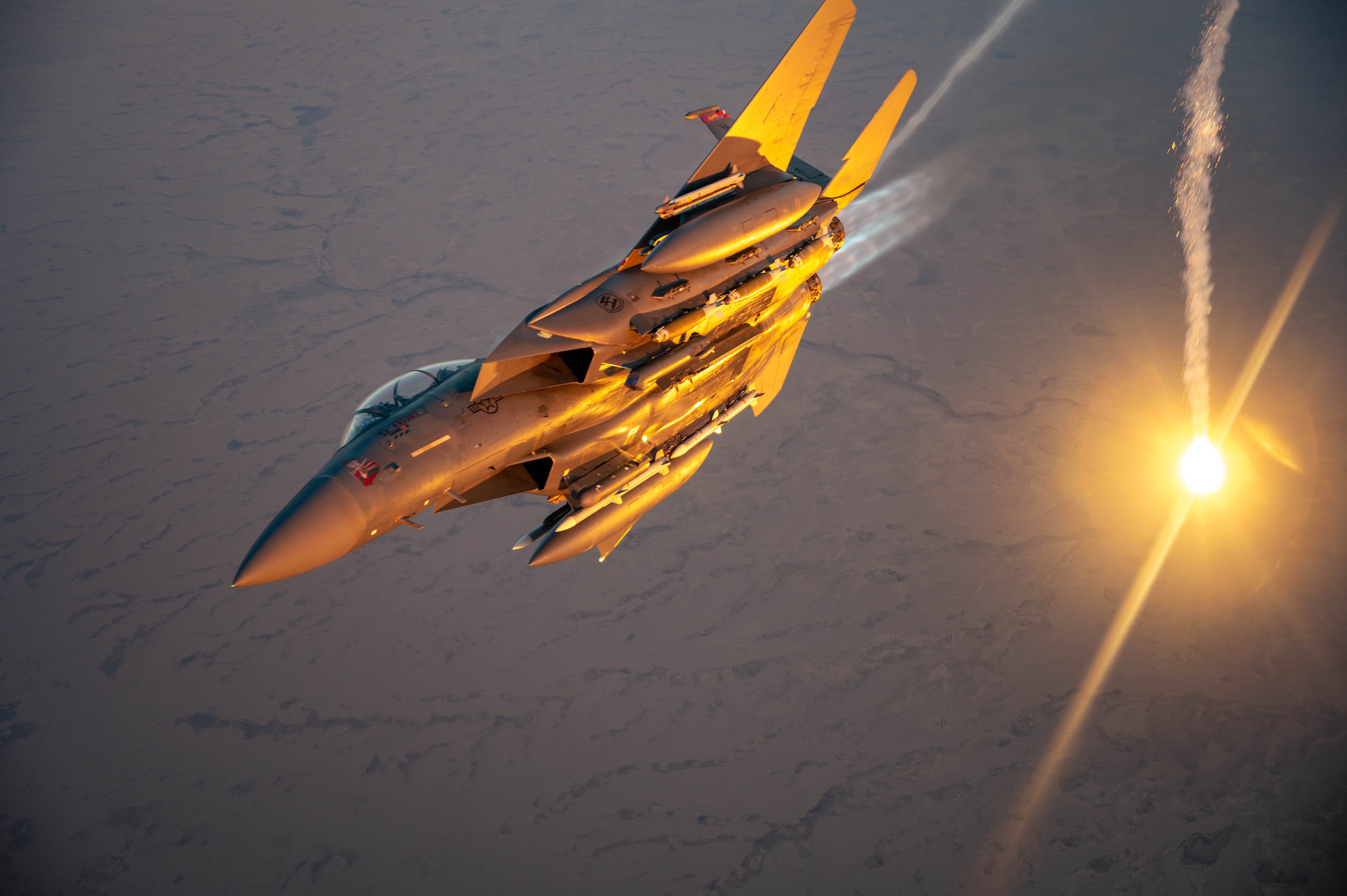 USAF F-15E Strike Eagle performs flare check - March 2025
