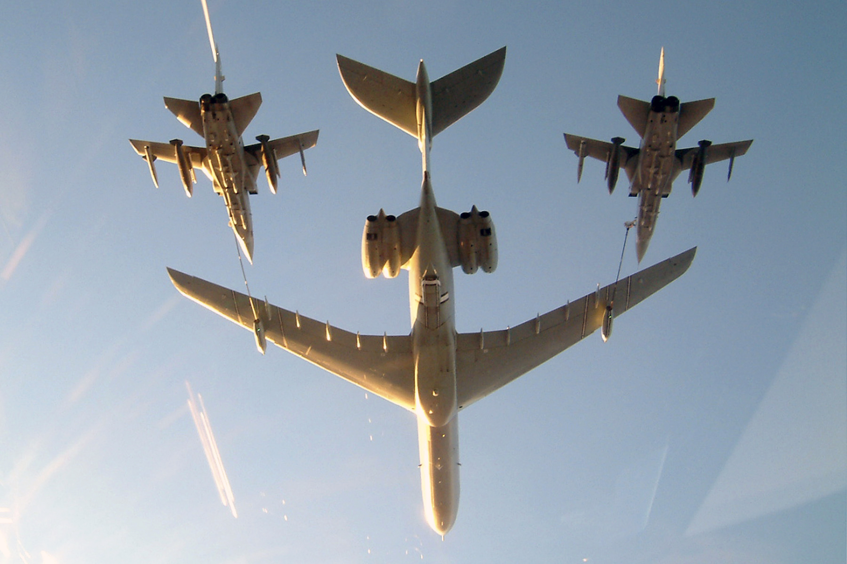 Vickers VC10 tanker refuelling two RAF Tornado F3 fighters in flight