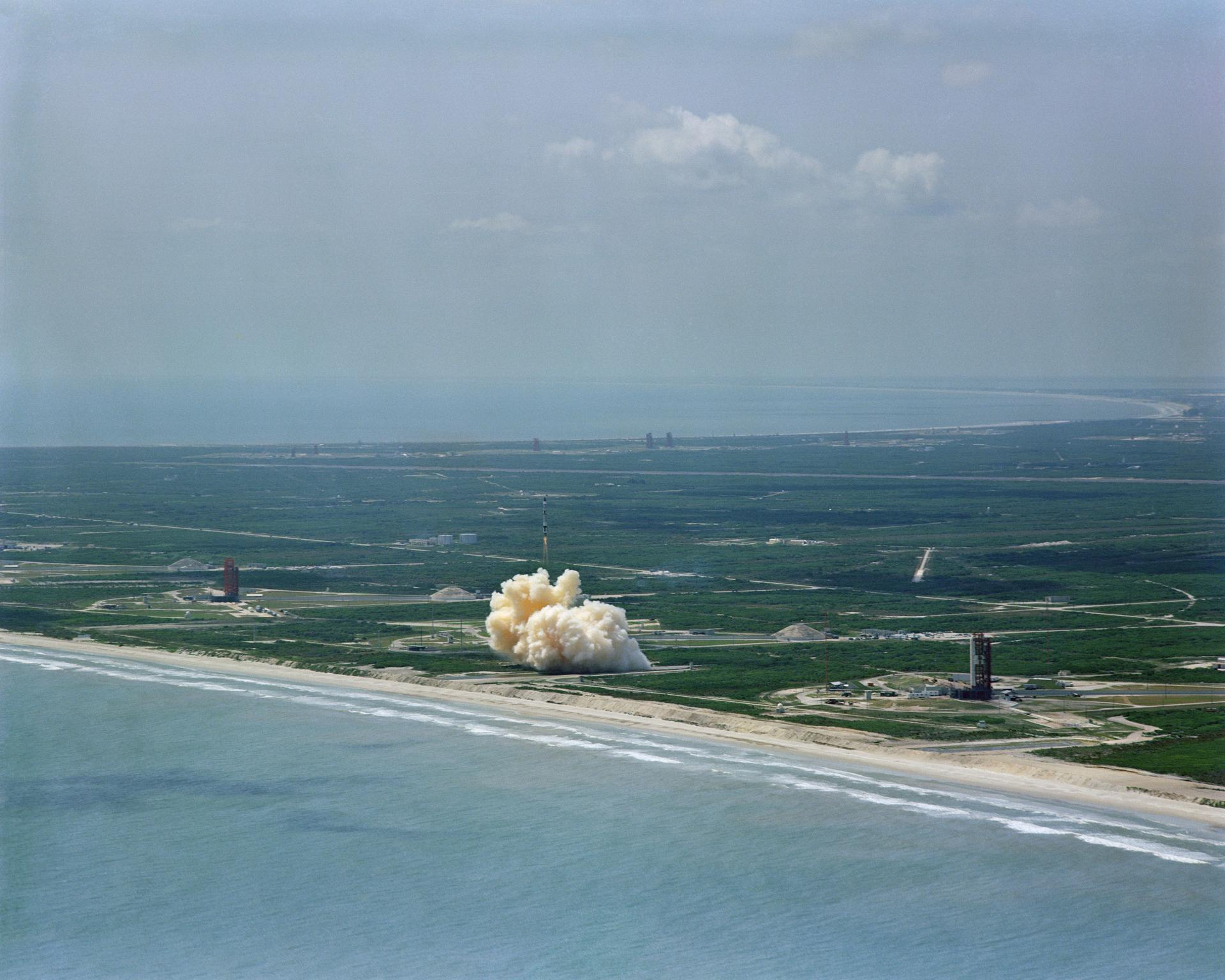 Aerial view of the Gemini Titan II No. 1 liftoff at Cape Kennedy