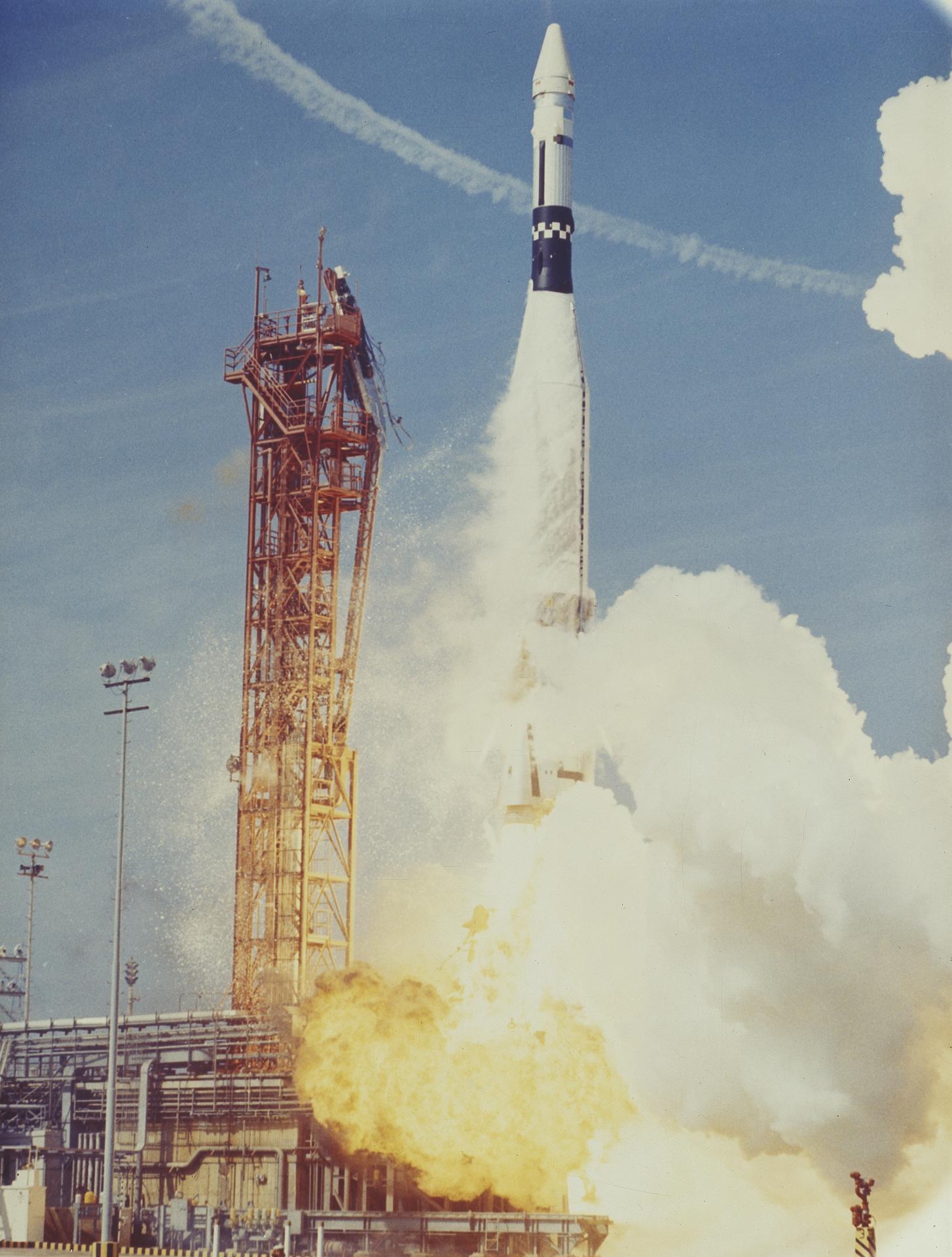 An Atlas booster launches an Agena target vehicle for Gemini 8