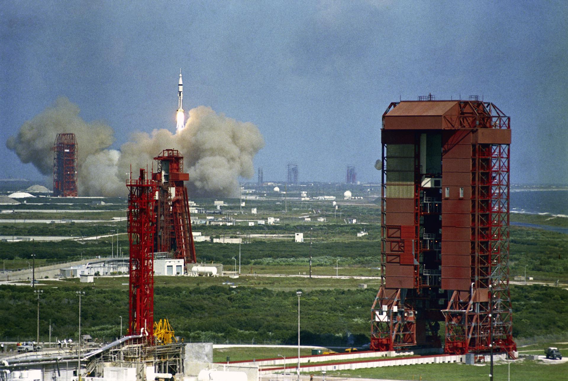 Apollo 7 atop a Saturn IB rises from Complex 34, Cape Kennedy