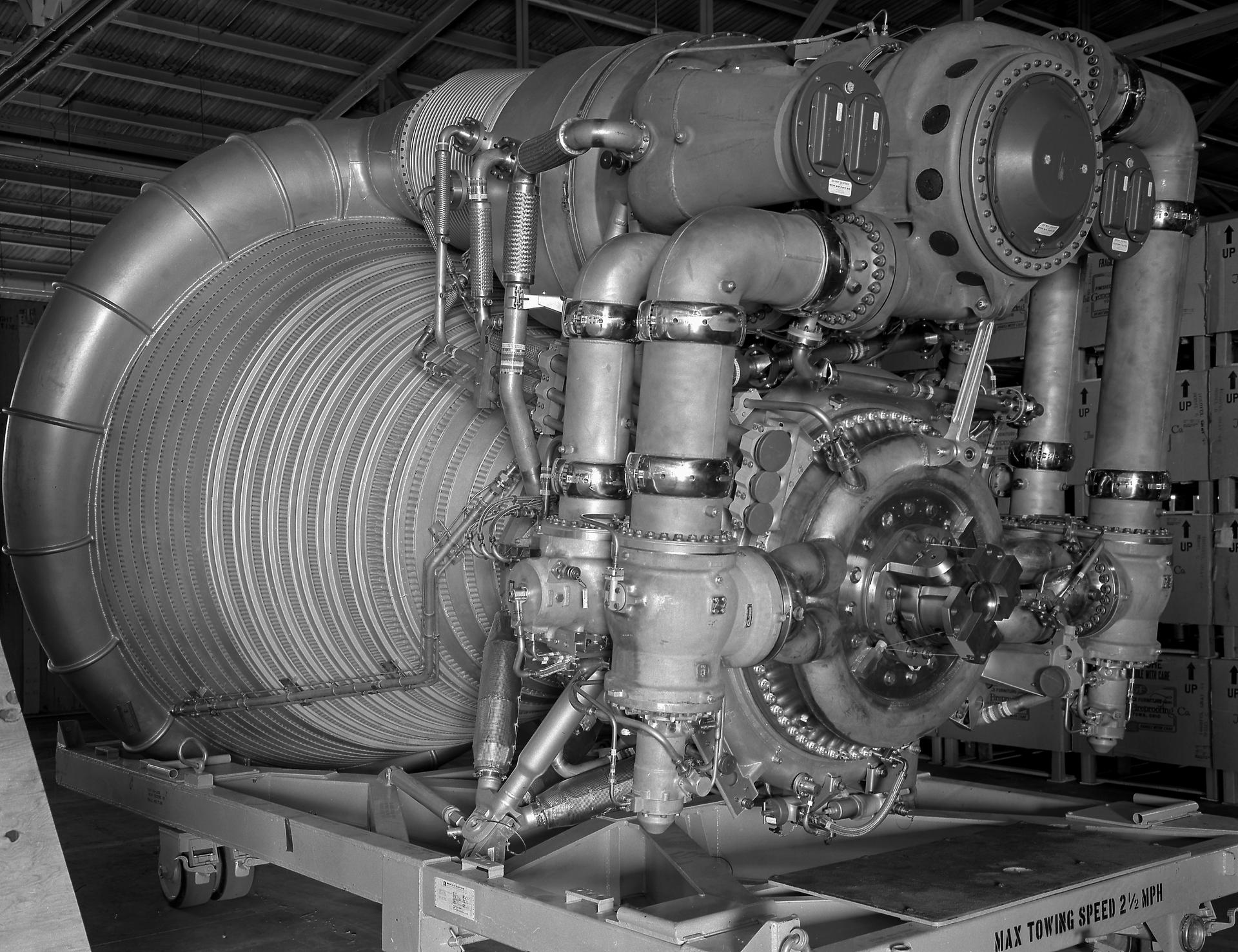 Close-up of the F-1 engine of the Saturn V S-IC first stage