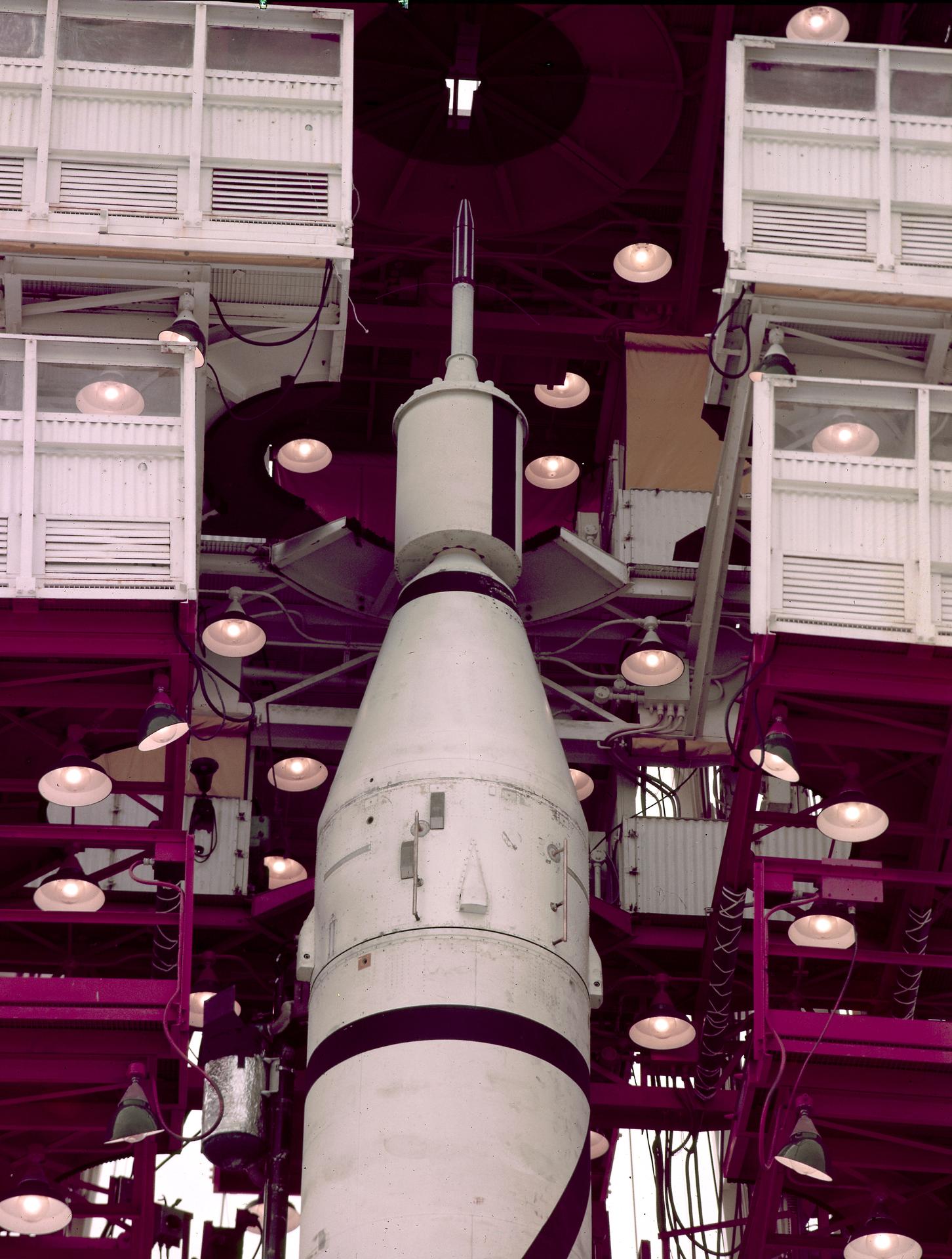 Explorer 1 atop the Juno I in the gantry at Cape Canaveral